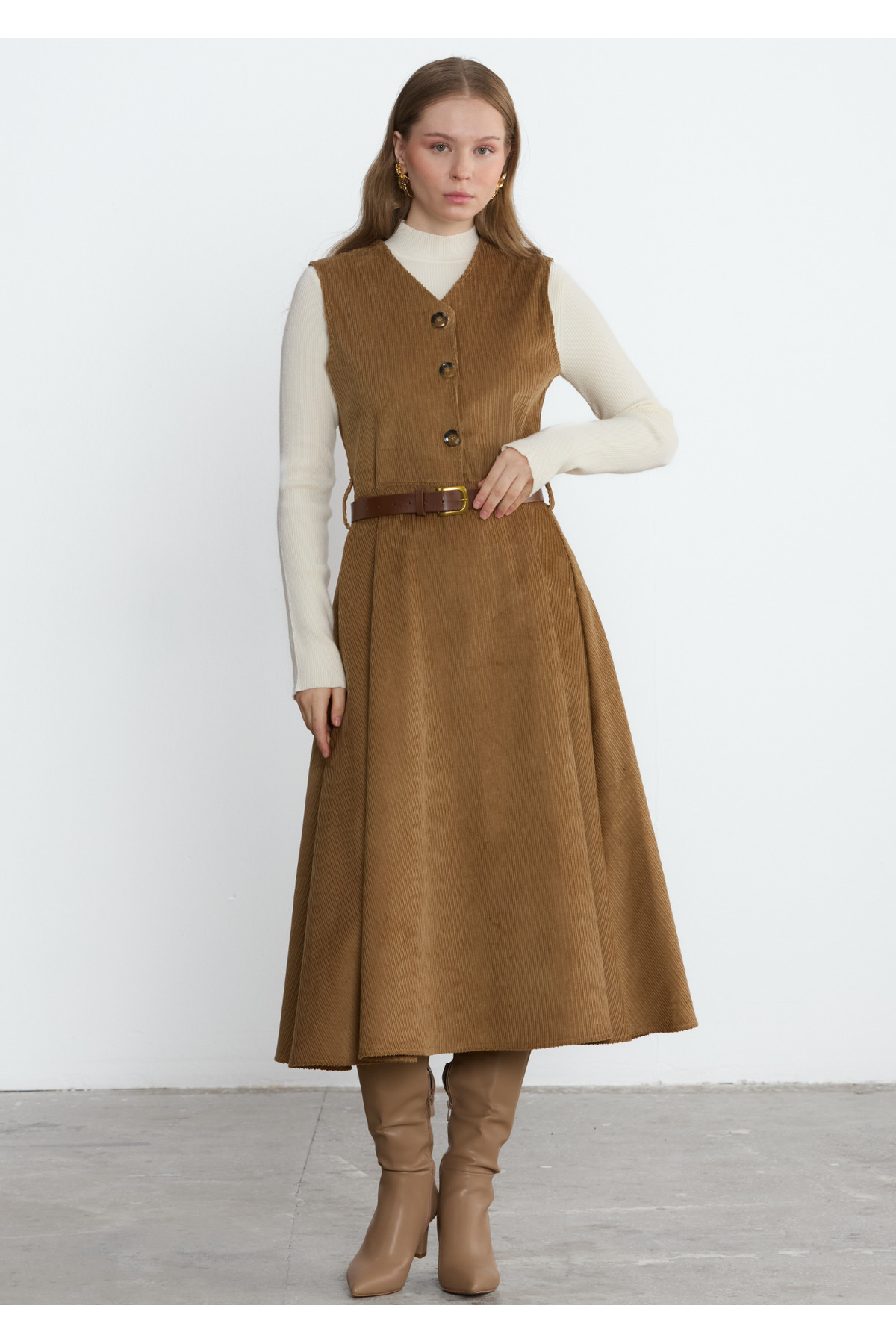 Kahve Fitilli Kadife Viola Elbise