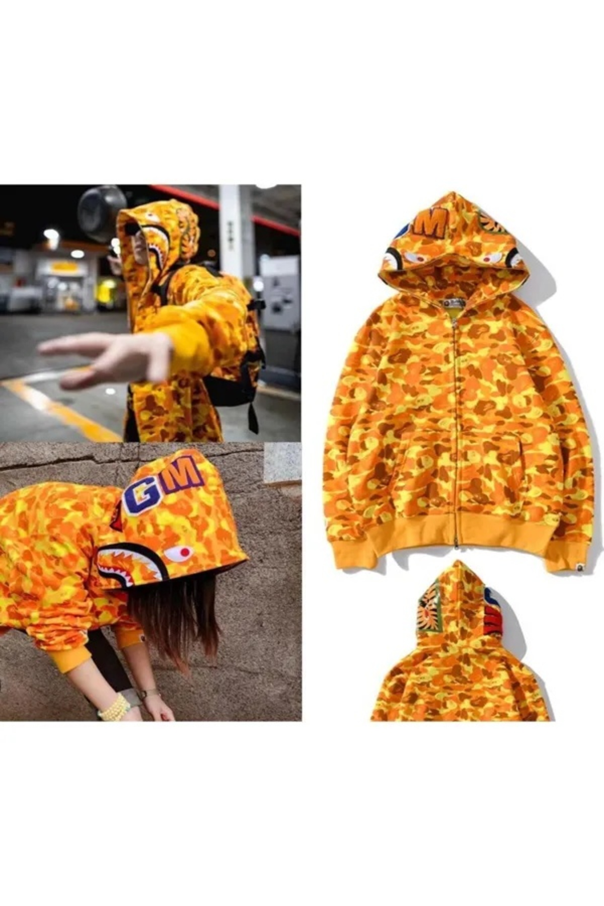 Unisex Bape Kapüşonu Fermuarlı Hırka - Sarı