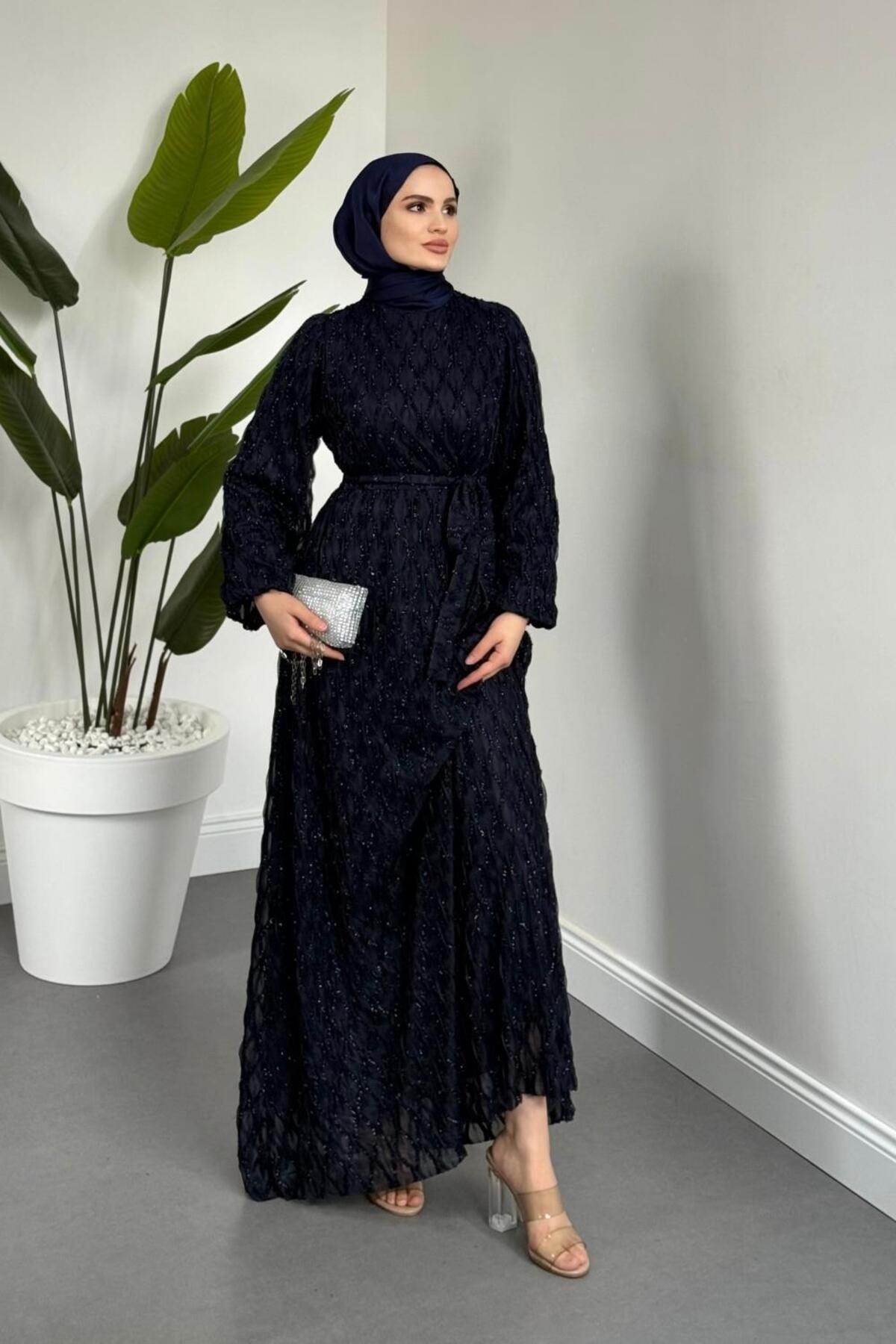 Mahbanu Simli Astarlı Balon Kol Elbise Lacivert