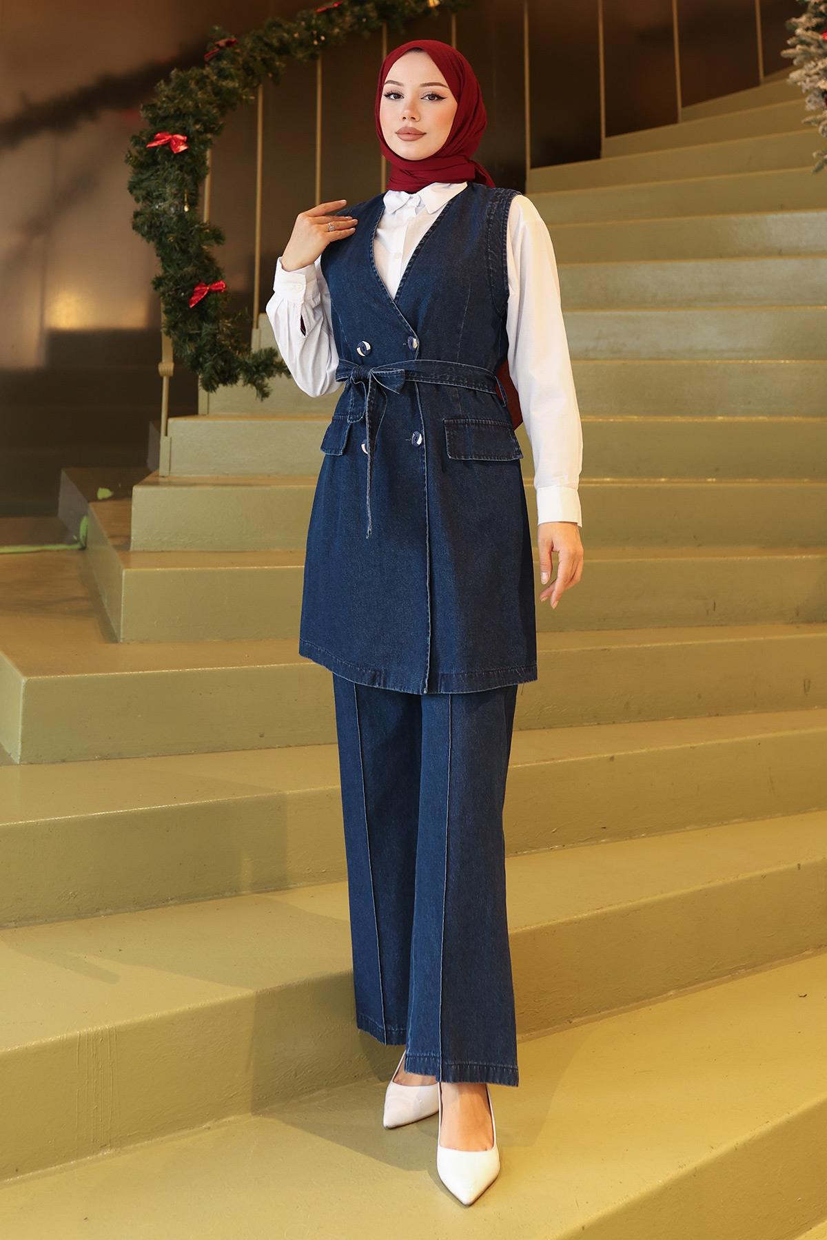 Kemer Detaylı İkili Kot Takım Koyu Mavi 19232