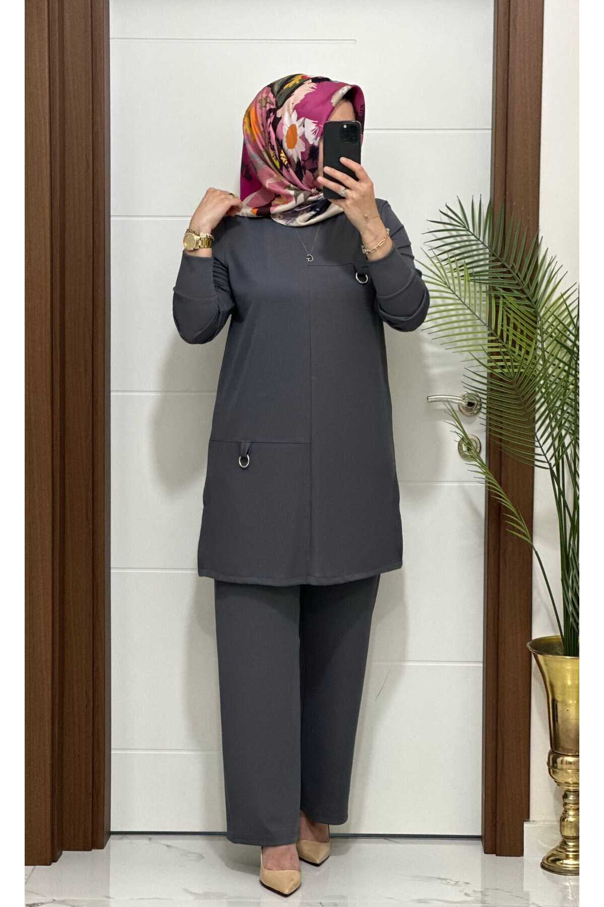 1333 K 90 antrasit tokalı fitilli burgu kumaş tunik pantolon takım buyuk beden yeni sezon