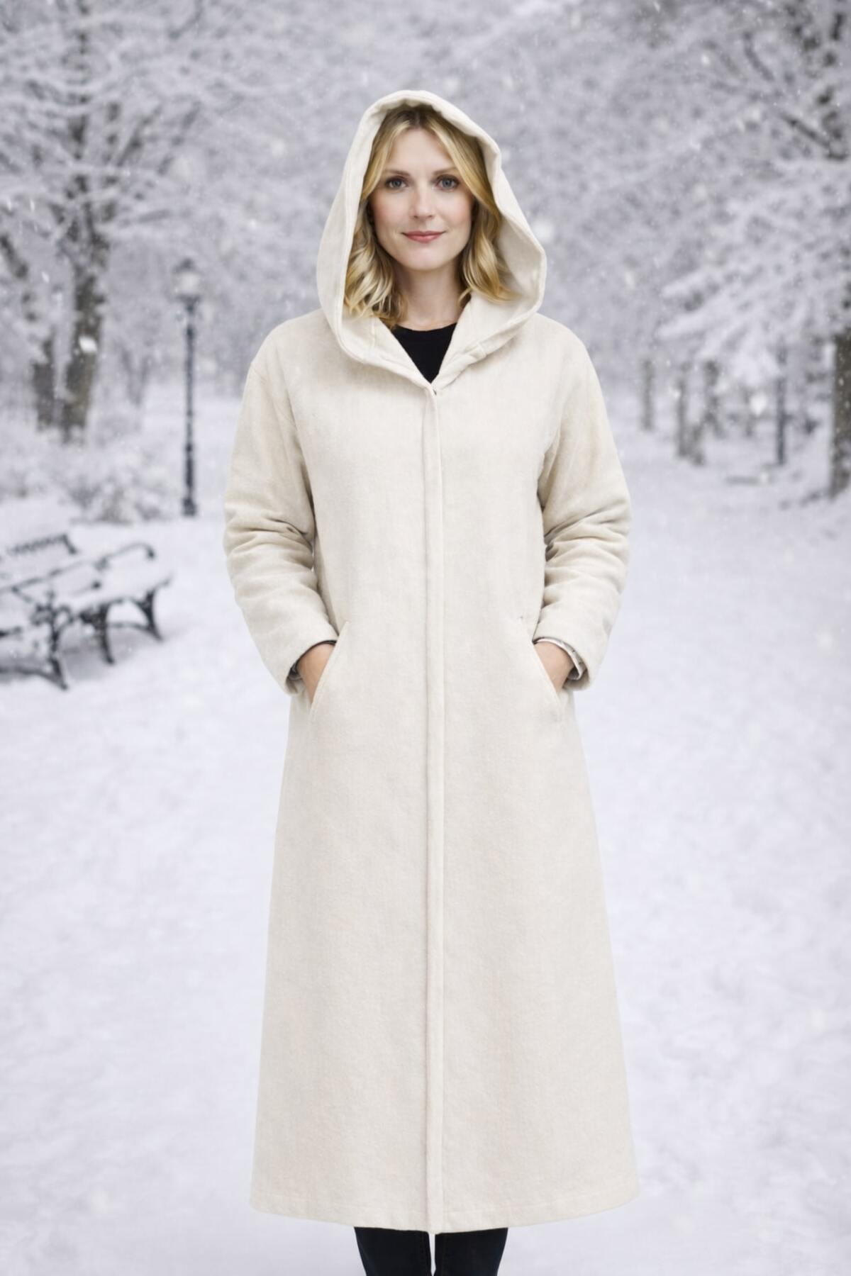 Krem Kapüşonlu Astarlı ÇıtÇıt Kapamalı Yumuşak Dokulu Oversize Uzun Kaşe Kaban