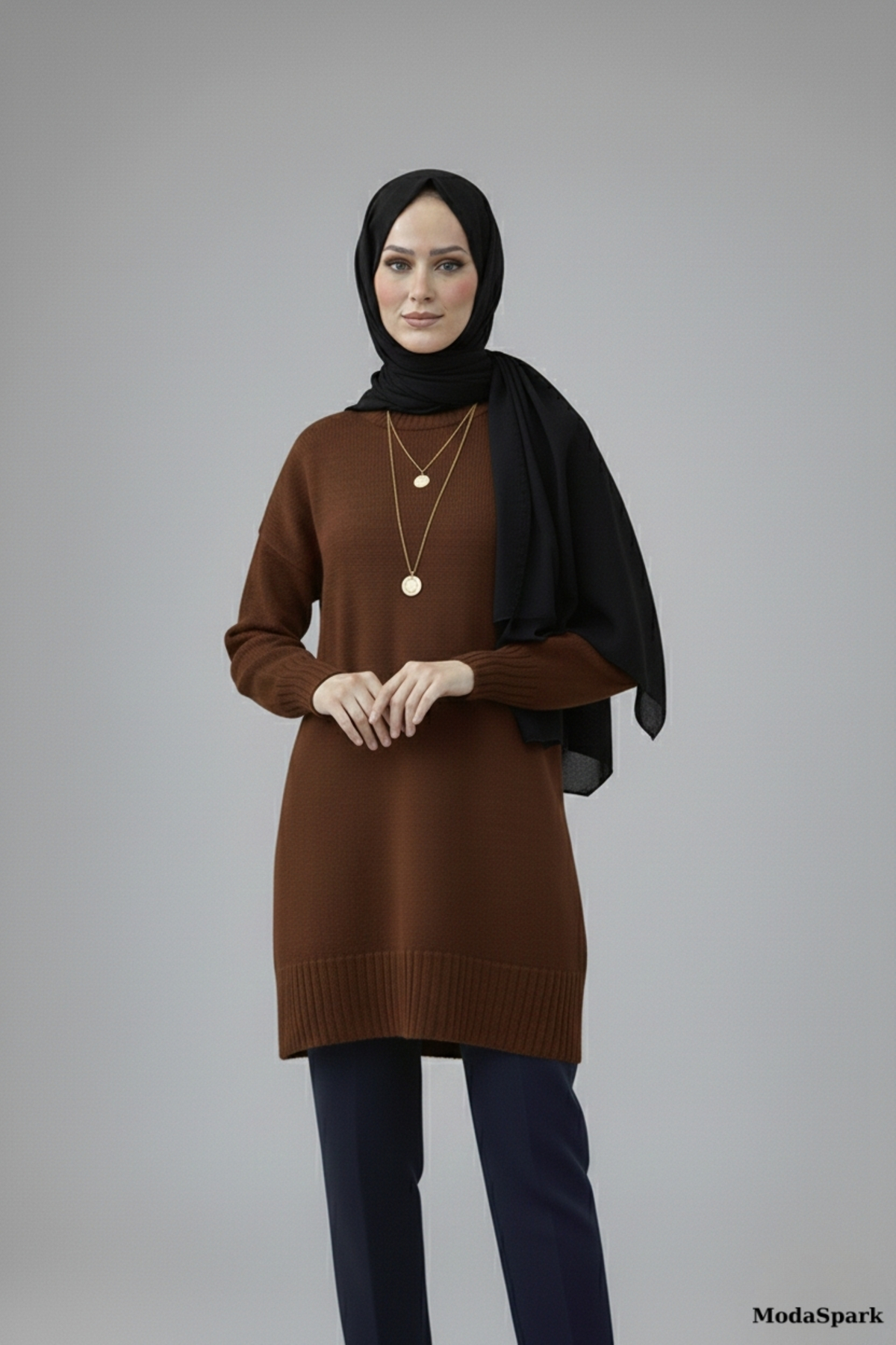 Kahverengi Bisiklet Yaka Oversize Triko Kazak Tunik