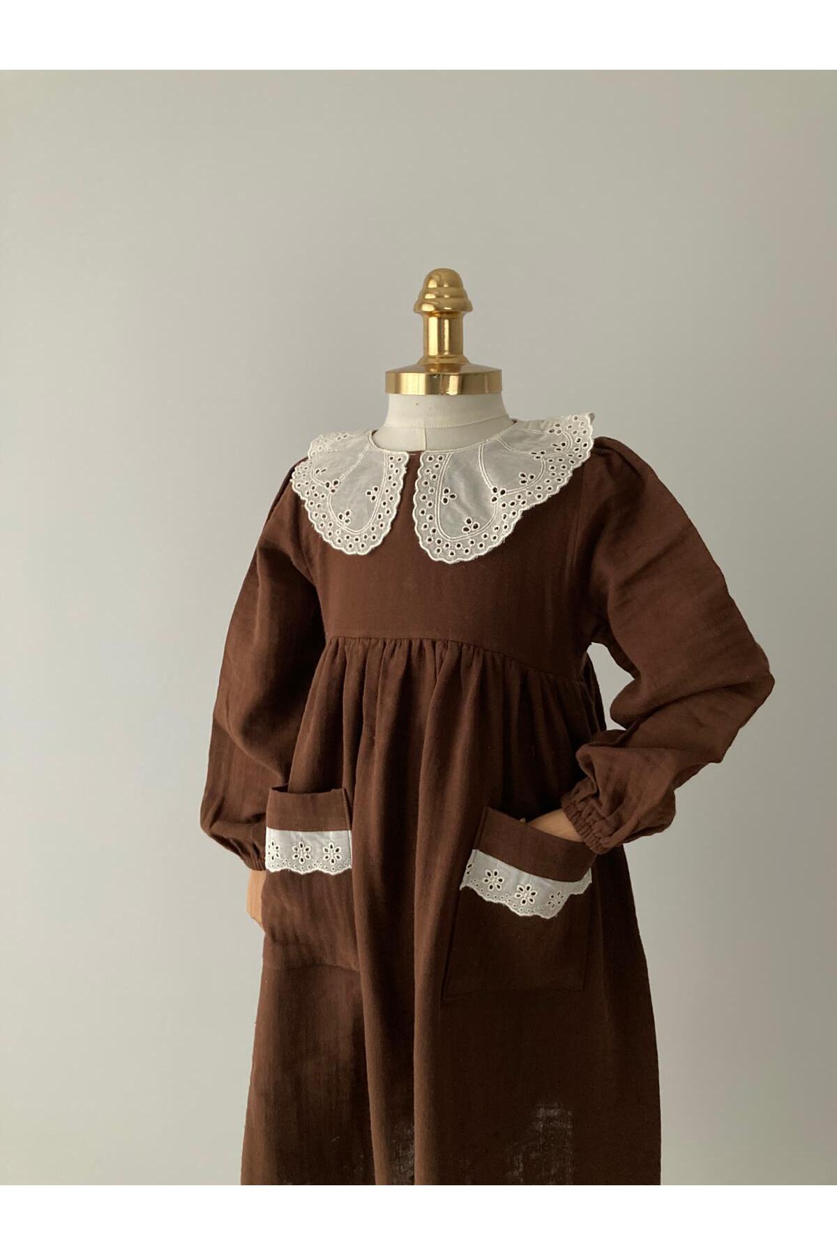 Kız Çocuk Çikolata Kahve Tesettür Uzun Müslin Elbise Merasim Elbisesi Umre Elbisesi