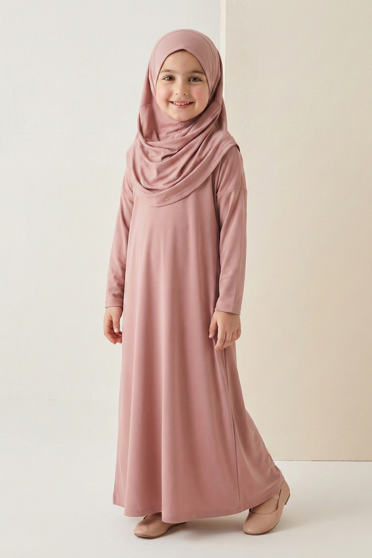 Pratik Başörtülü Kız Çocuk Namaz Elbisesi M00789 GÜL KURUSU