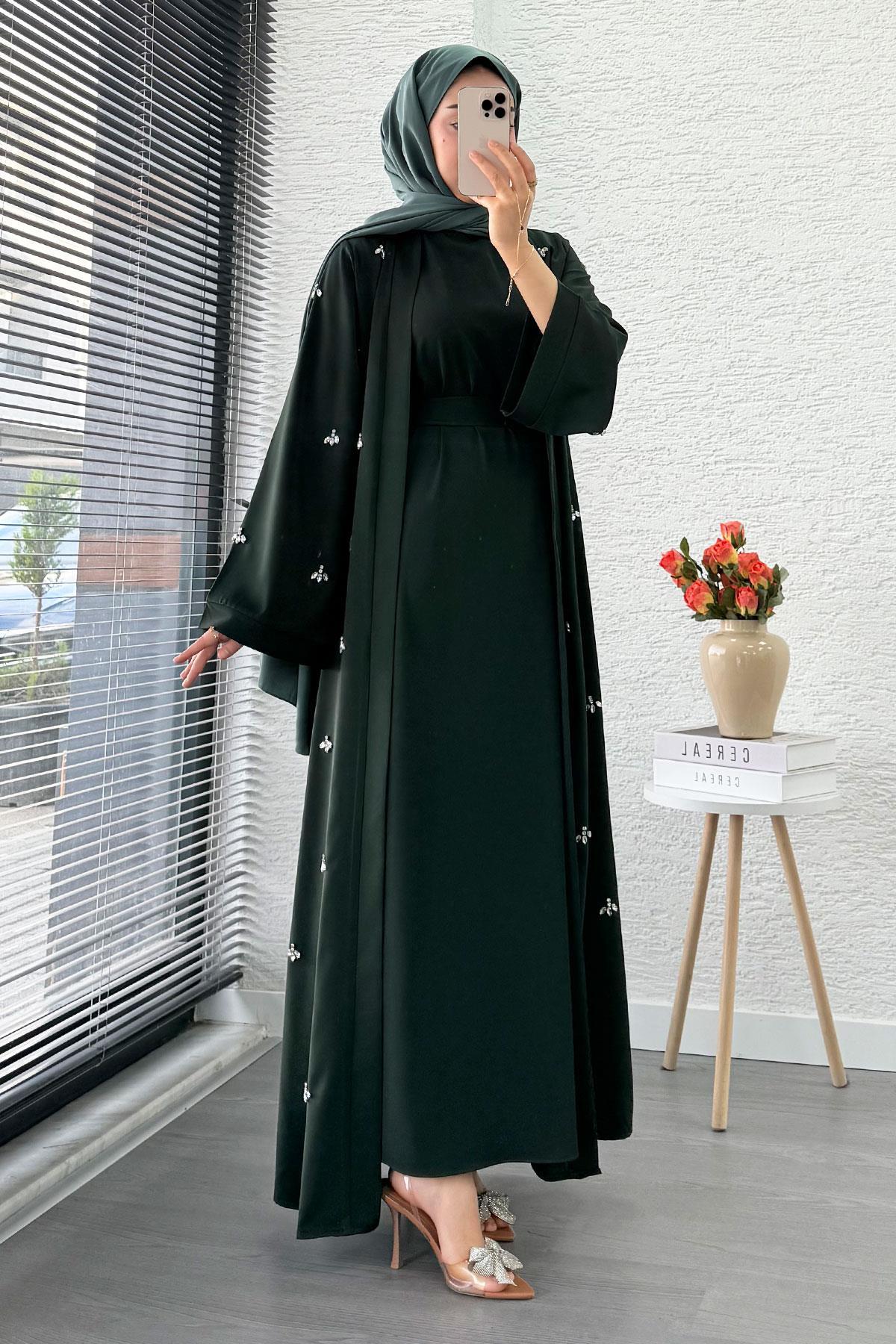 Taş İşlemeli İkili Abaya Takım - Zümrüt