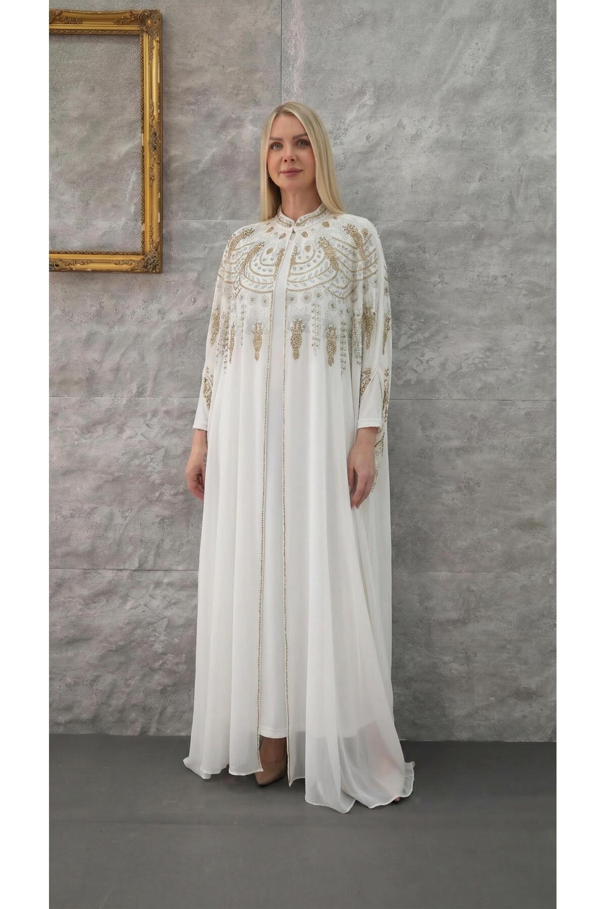 Taşlı İçi Uzun Kollu Astarlı Beyaz Gold Elbiseli Şık Abaya Ferace