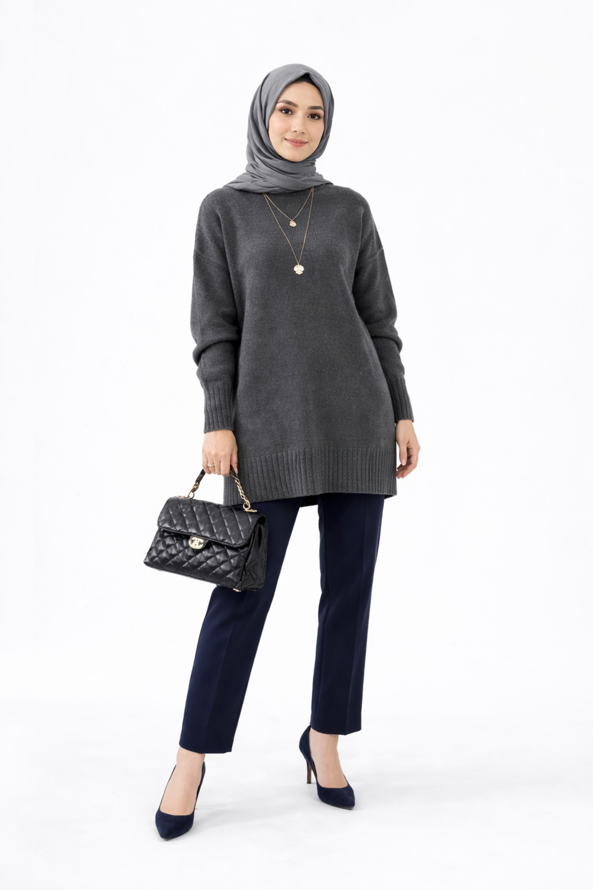 Antrasit Bisiklet Yaka Oversize Kadın Kazak Tunik