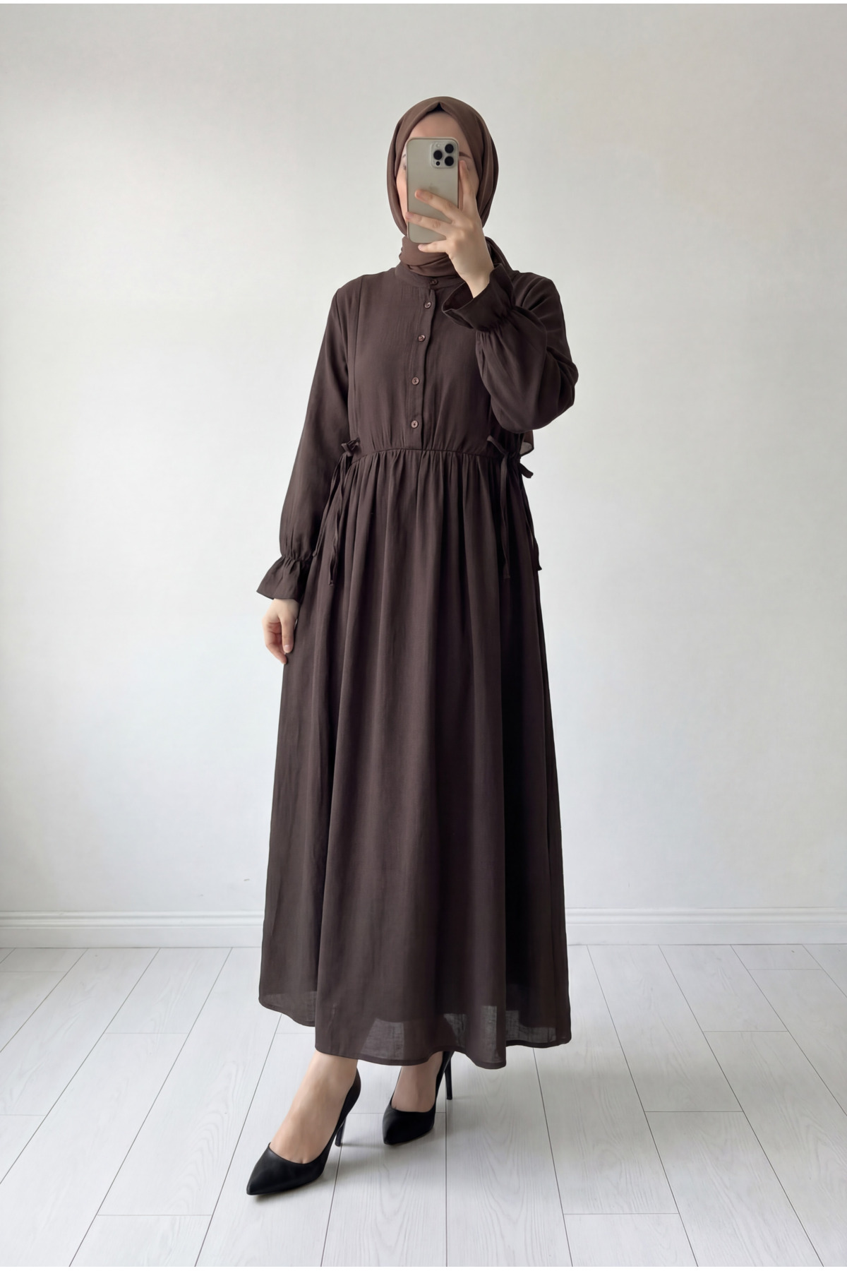 Almina Müslin Biye Bağcıklı Elbise-NA2418 Kahve