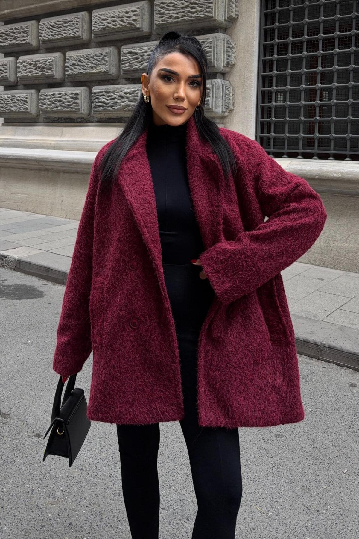 Geniş Yakalı Buklet Kumaş Midi Kaban 6190