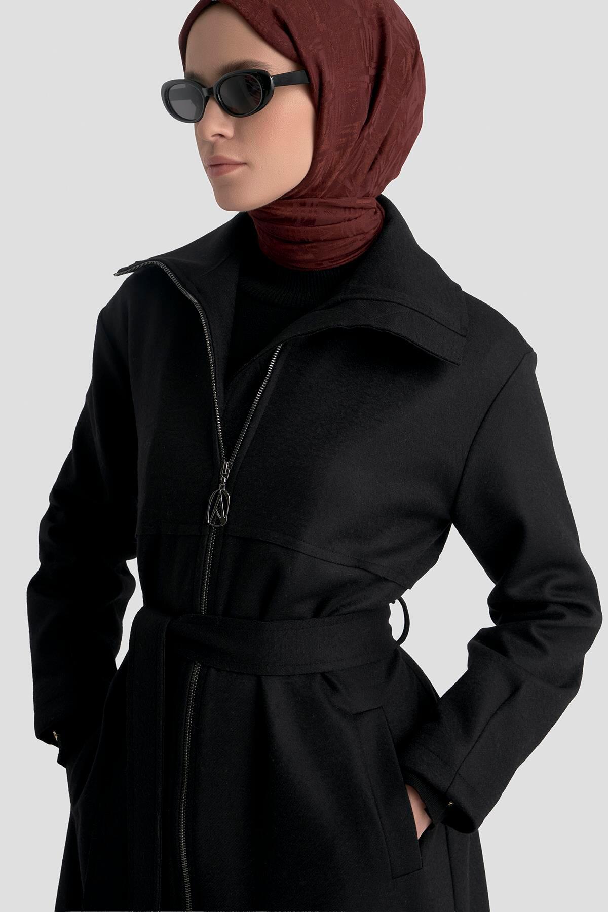 Fermuarlı Kaşe Pardesü 25KT1801 Siyah