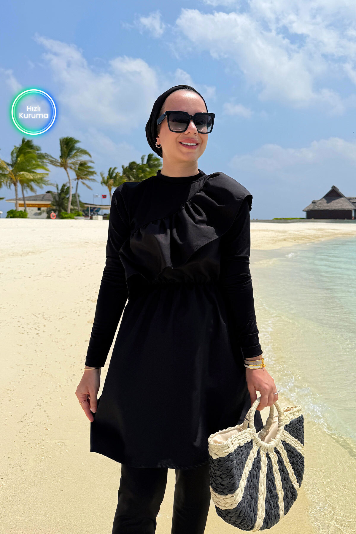 Fırfır Detay Tam Kapalı 2'li Tesettür Mayo - Siyah