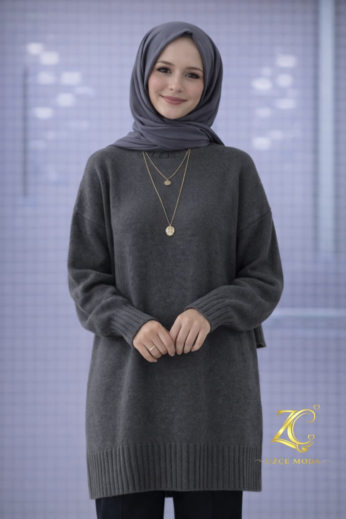 Antrasit Renk Bisiklet Yaka Oversize Kadın Triko Kazak Tunik