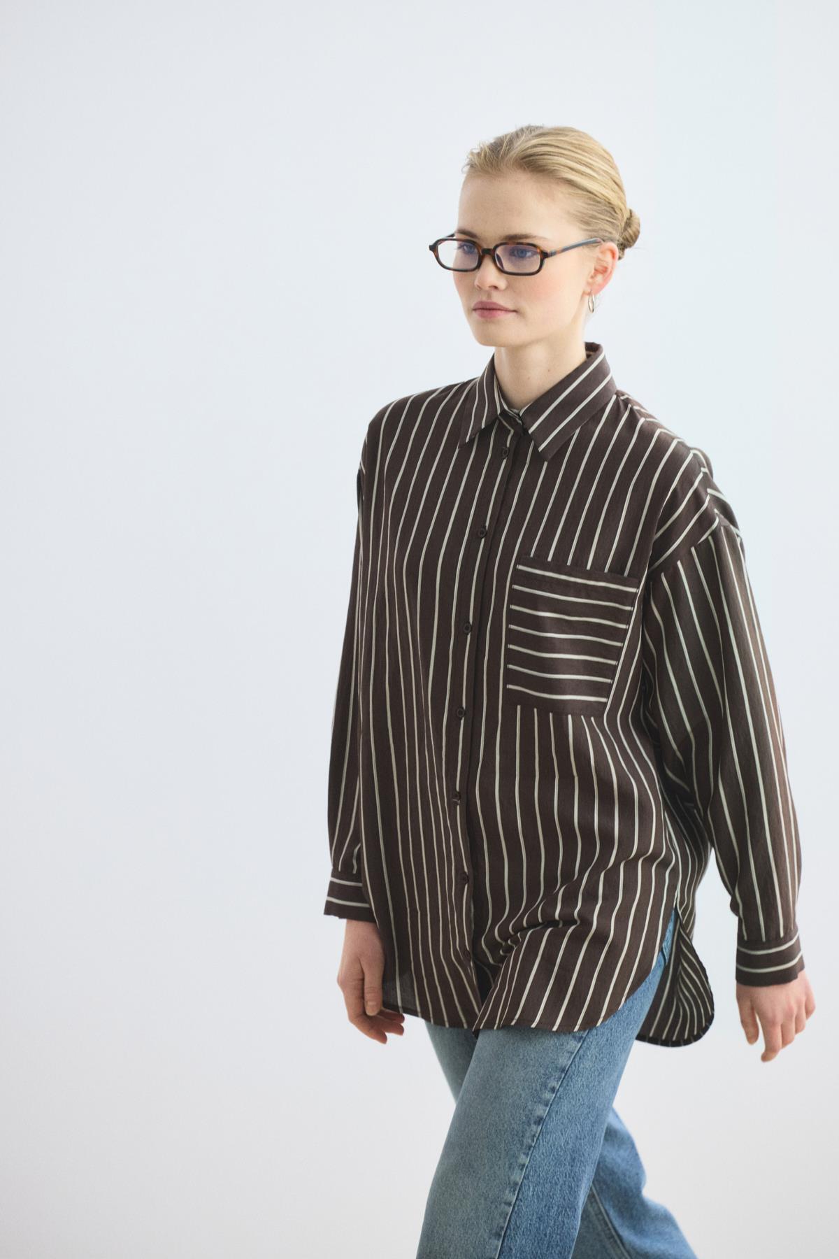 Oversize Çizgili Gömlek Acı Kahve