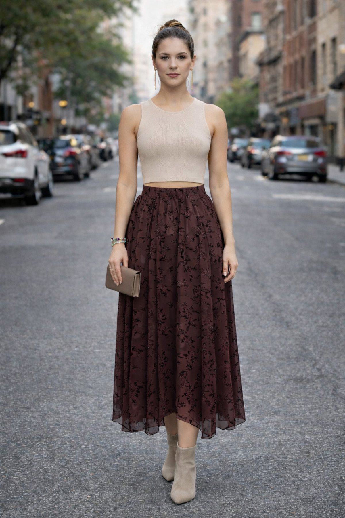 Flok Baskılı Astarlı Beli Lastikli Tesettür Asimetrik Tül Etek Kahverengi