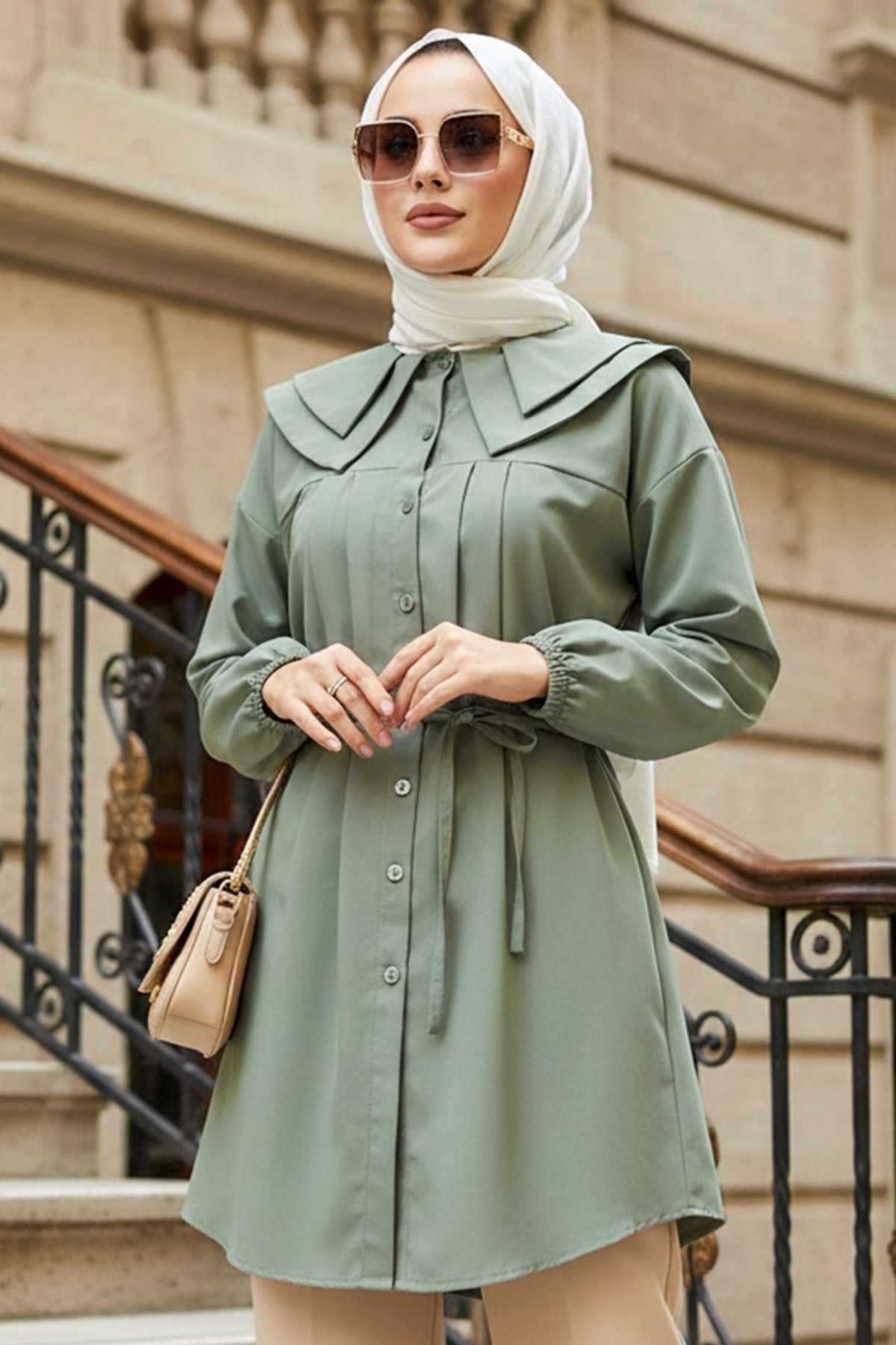 Düğmeli Çağla Yeşili Tesettür Tunik 20228CY
