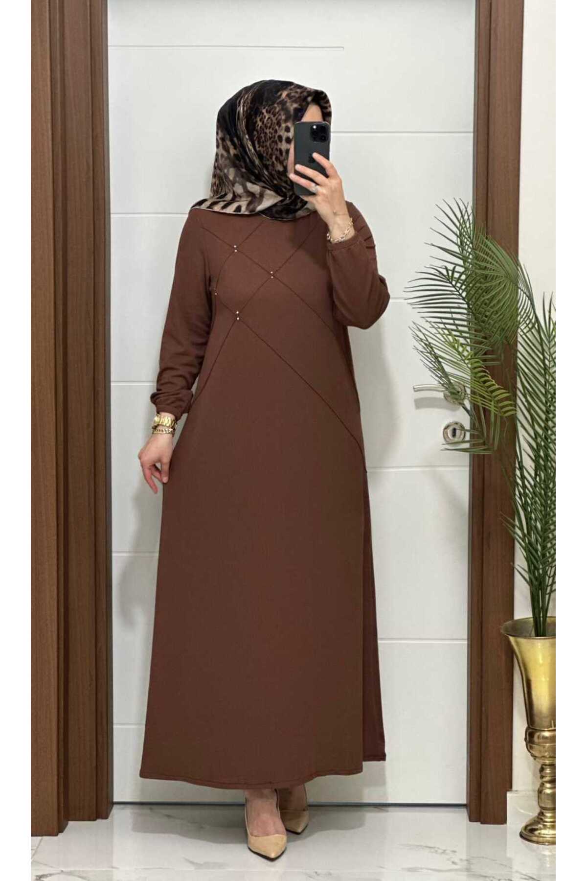 F10 K 80 KAHVERENK ÇAPRAZ ÇIMALI TAŞLI ELBİSE