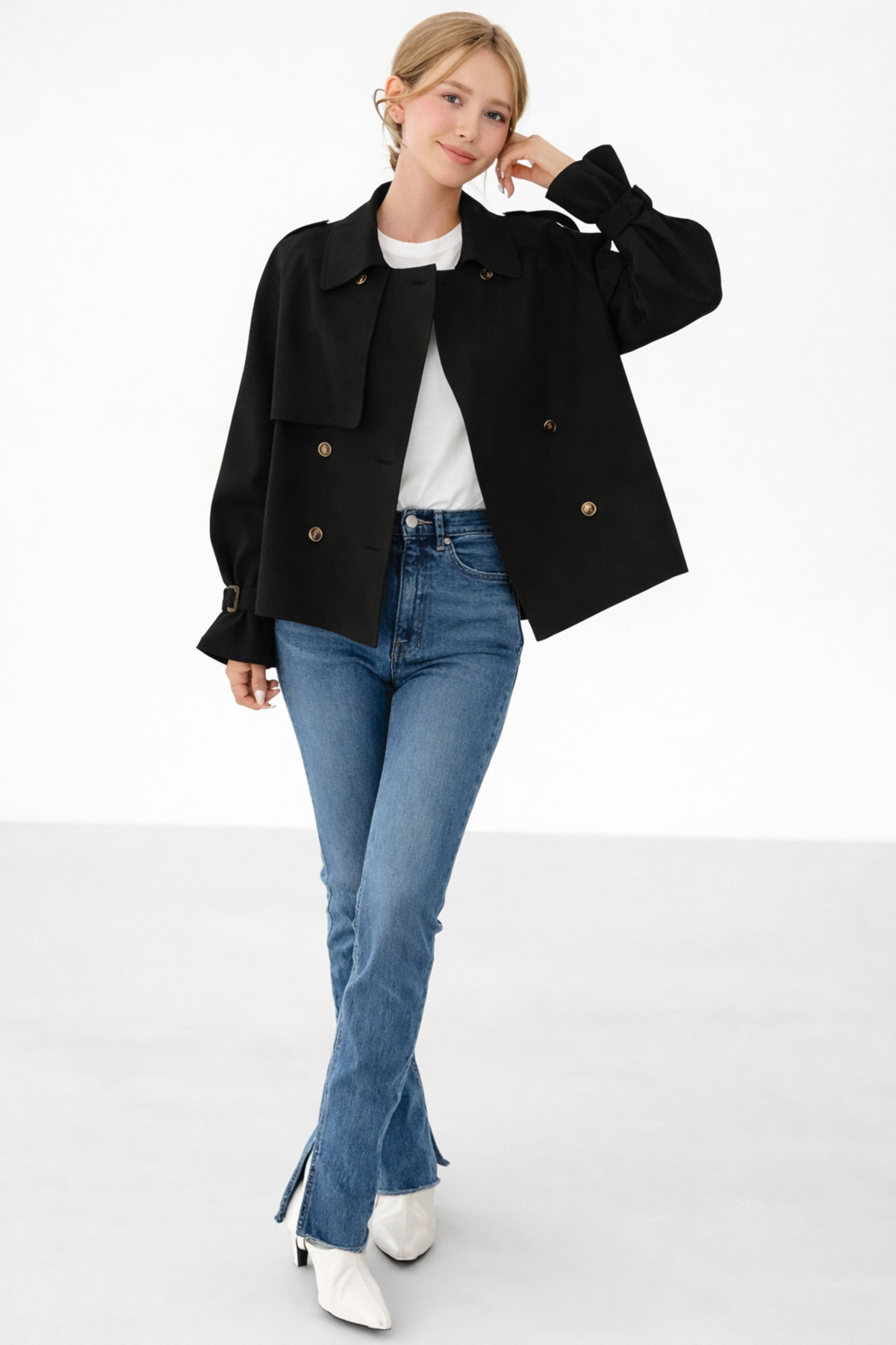 Kadın Siyah Rüzgar Kapaklı Düğmeli Kruvaze Gabardin Trençkot