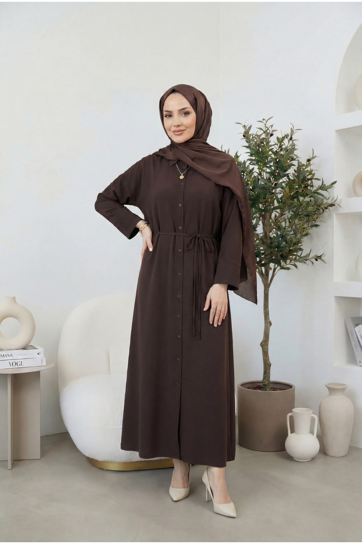 KUŞAKLI BOYDAN DÜĞMELİ ELBİSE