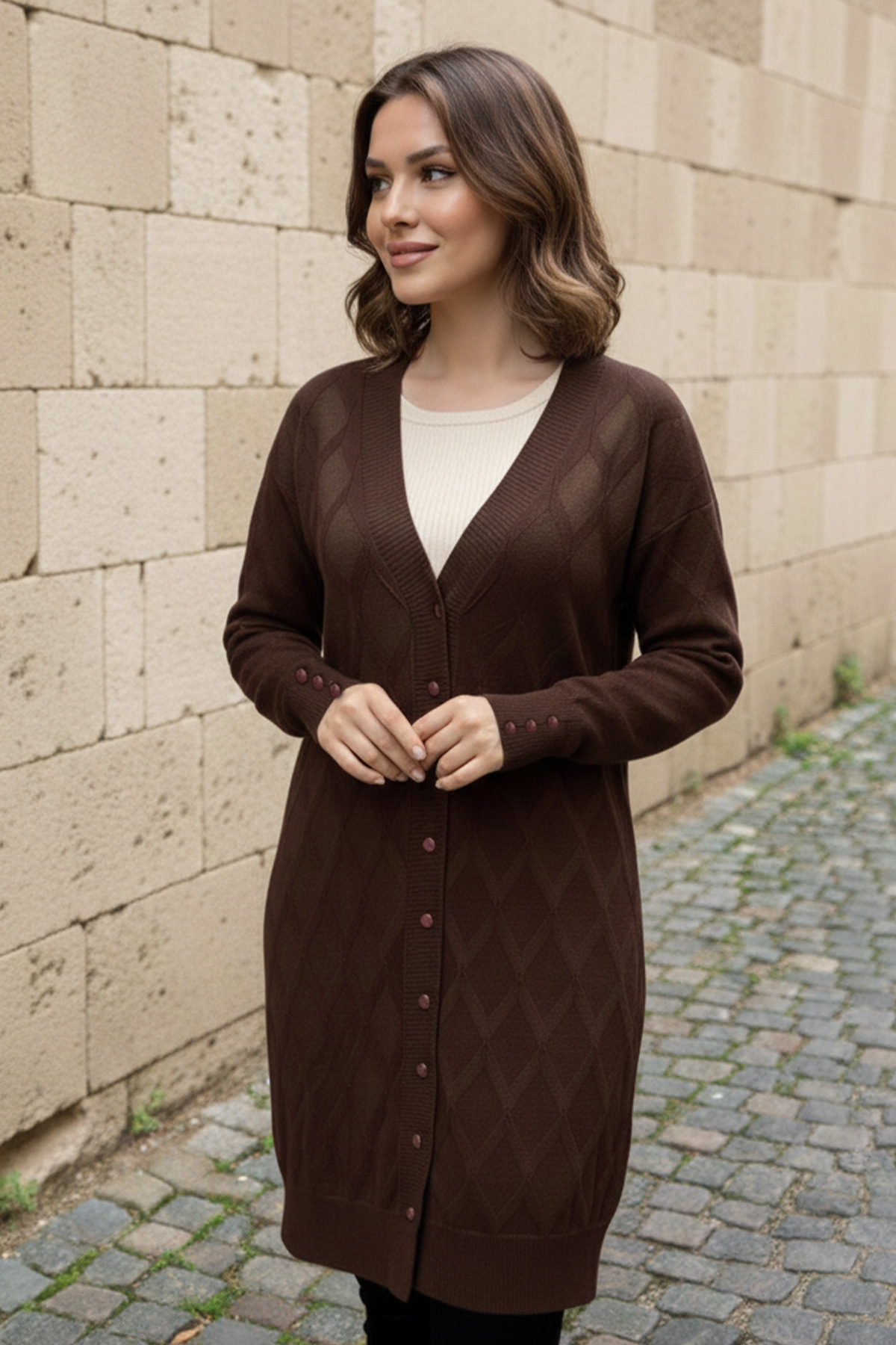 Desenli Hırka N3290 Kahverengi