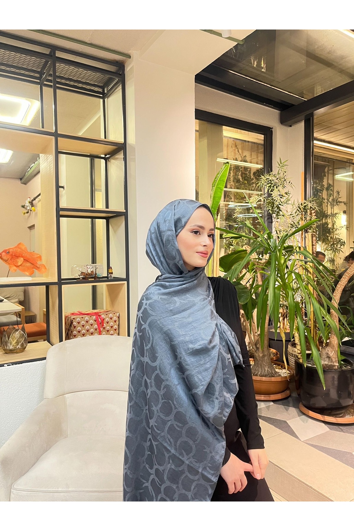 Premium Jakar Şal Hilal Desen - Füme