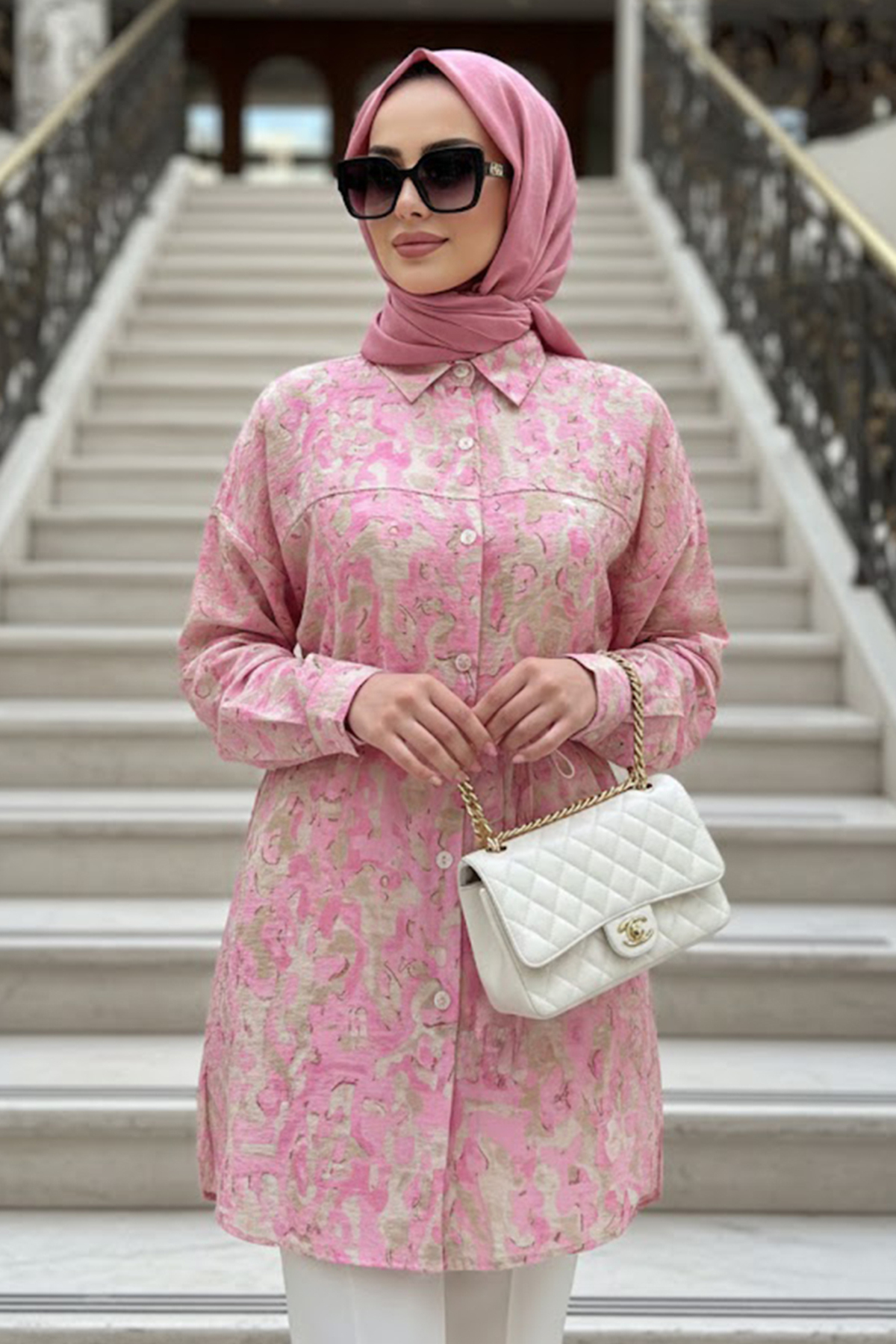 Desenli Pembe Tesettür Tunik 26603P