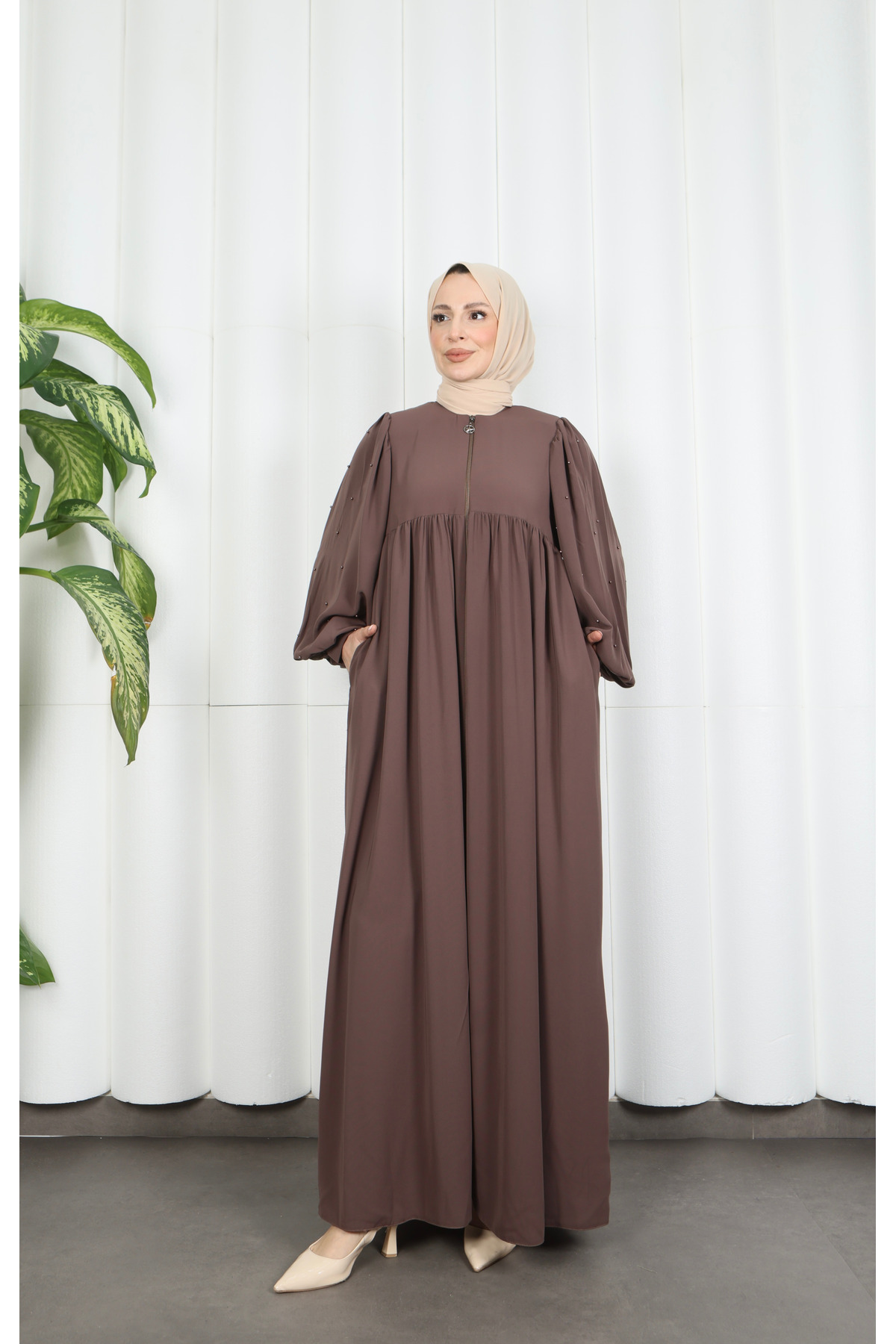 Balon Kol İnci Detaylı Fermuarlı Ferace VİZON HNT7105