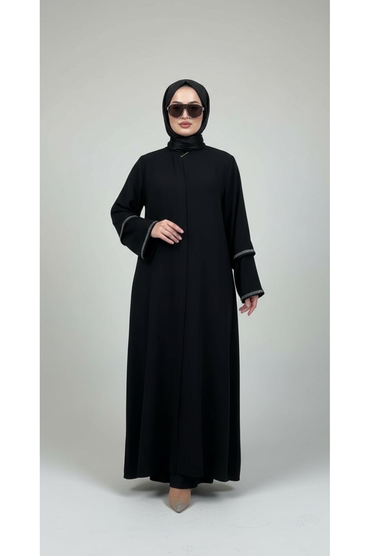 kadın uzun siyah tesettür modern minimal taş detaylı şık günlük ferace 26112