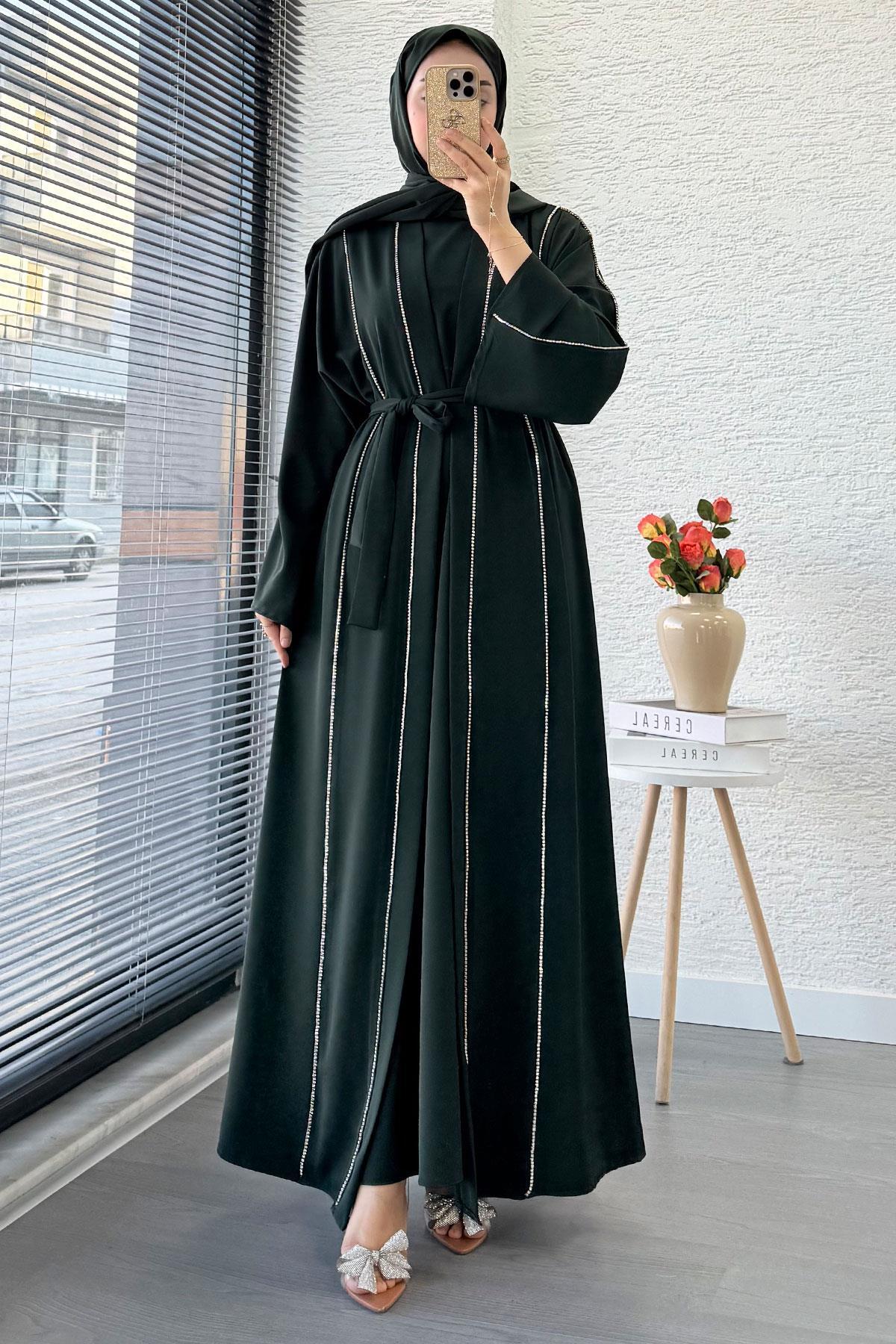 Taş Şerit Detaylı İkili Abaya Takım –Zümrüt