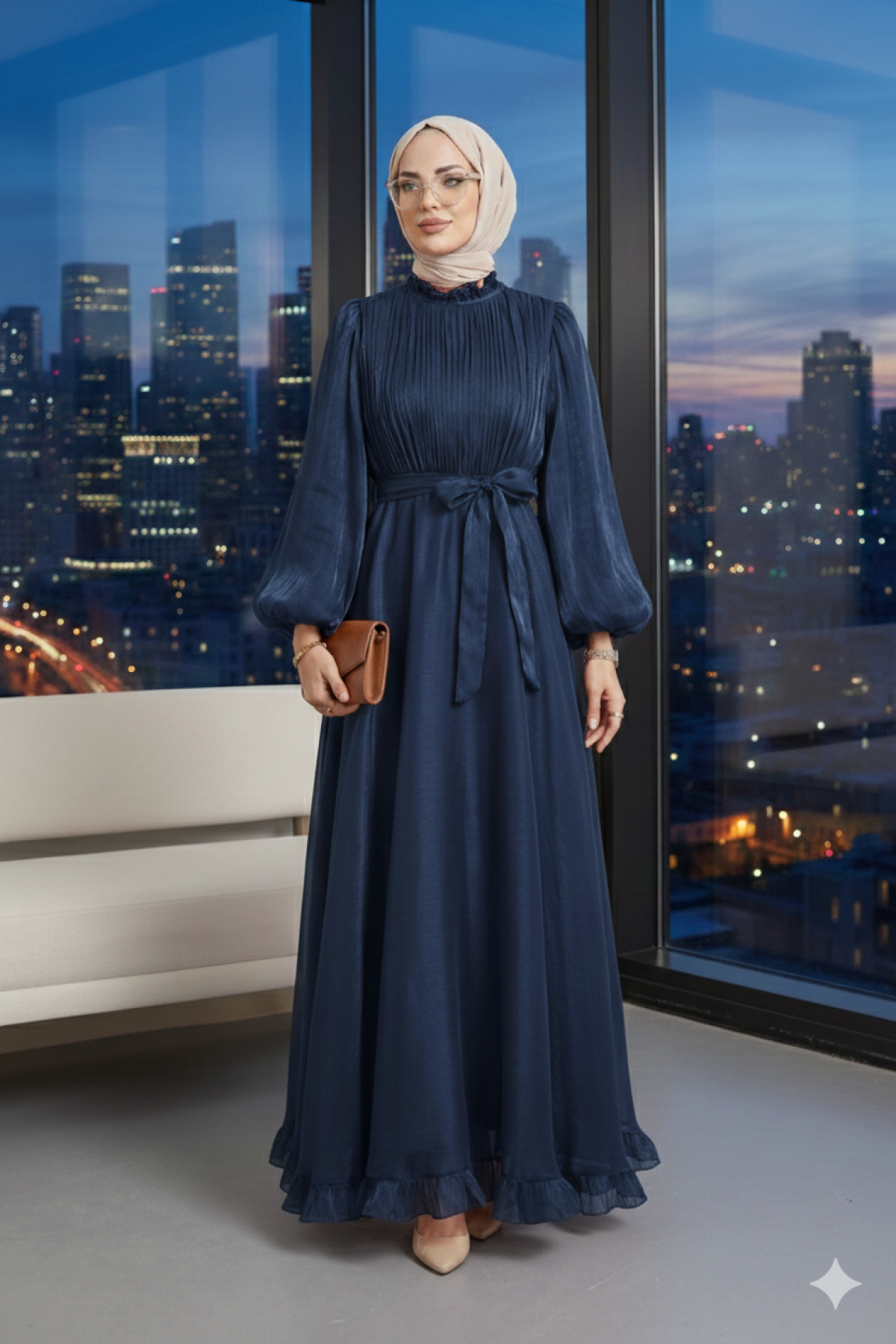 Eteği Volanlı Kemerli Şifon Elbise