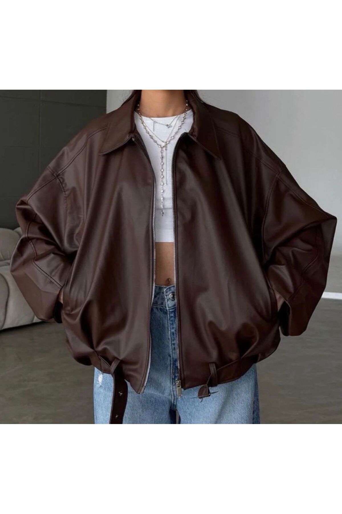 Kadın Oversize Deri Ceket– Oversize Fermuarlı Kemer Detaylı Günlük Kadın Ceket ACI KAHVERENGİ