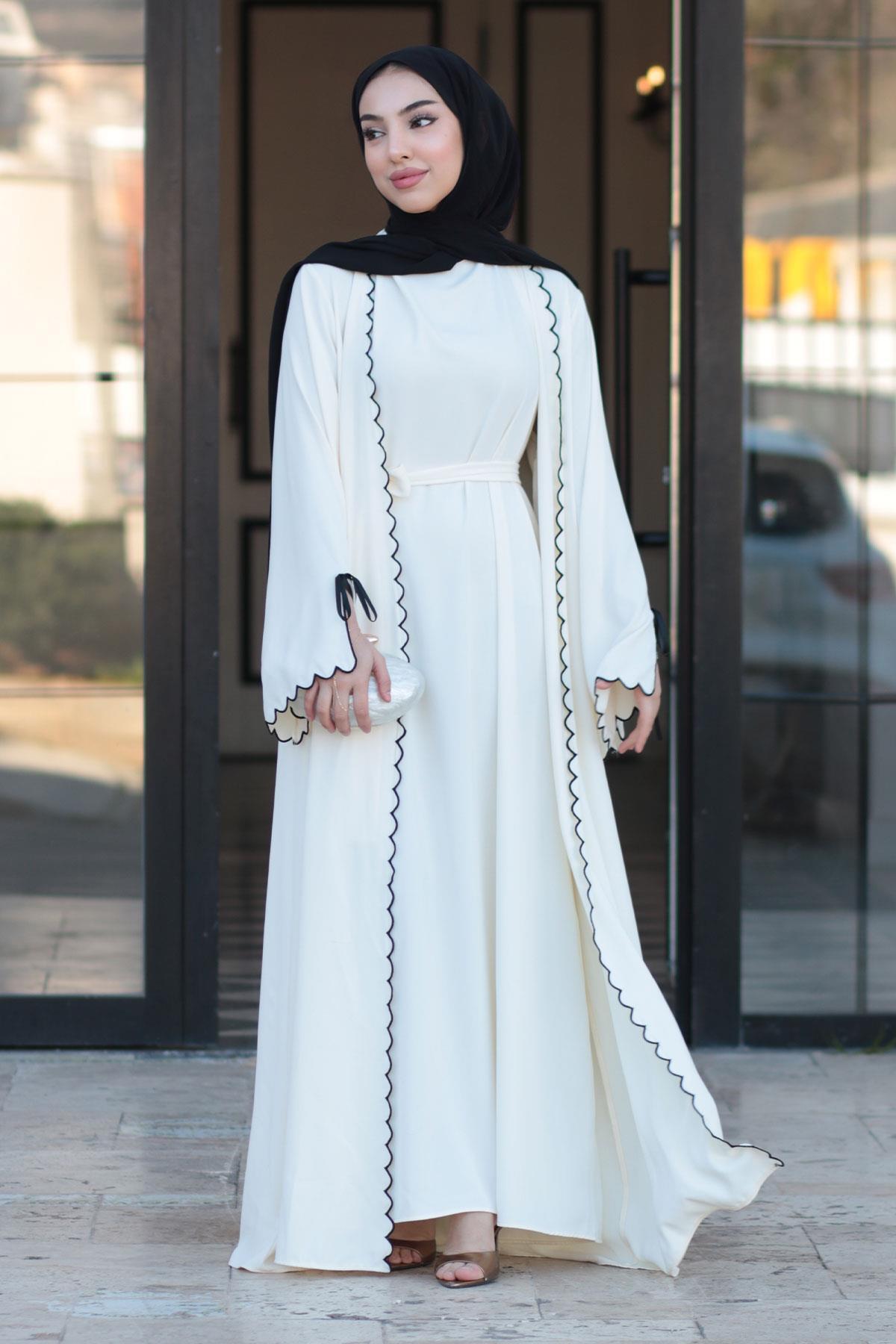 Premium Lazer Kesim Detaylı Aura İkili Abaya Takım — Beyaz