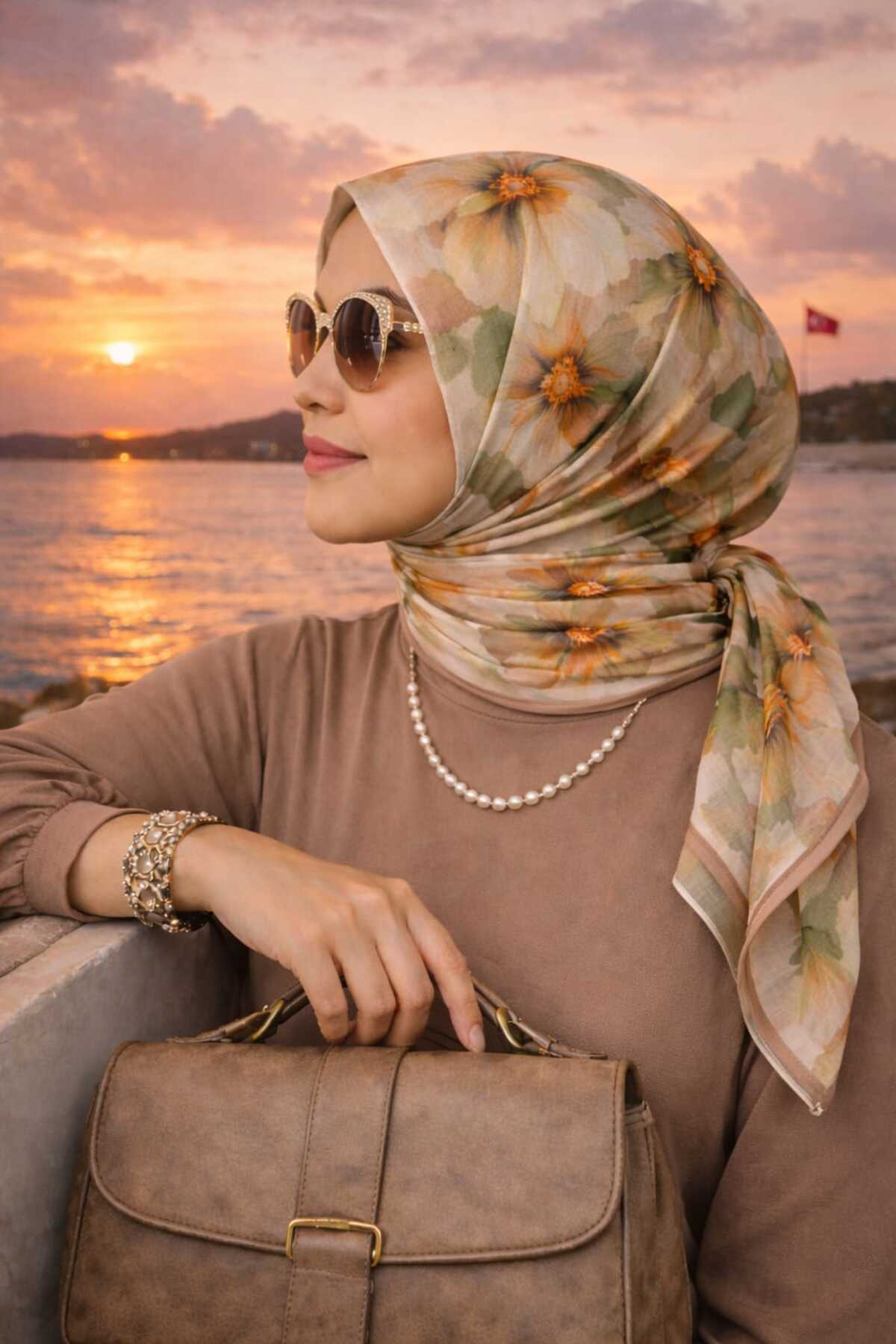 Dijital Bambu Süt Kahvesi Detaylı Çiçek Desen Soft Kraş Şal