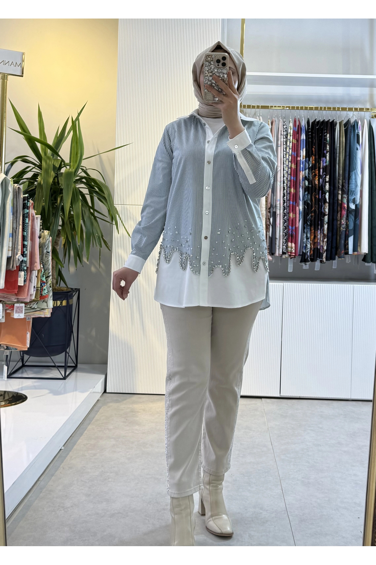 Pırlanta İşlemeli Rahat Gömlek Haki 5304