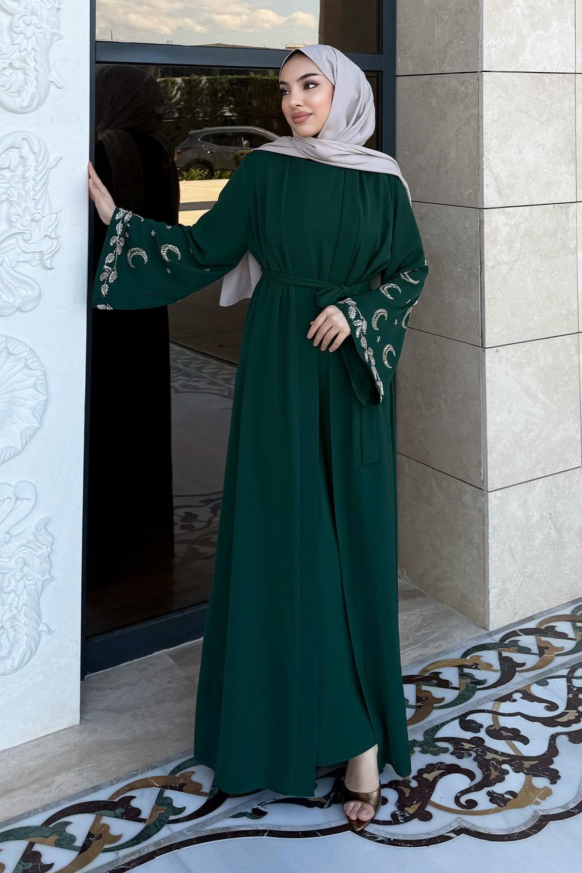 Premium İşlemeli Volan Kol Abaya Takım — Zümrüt