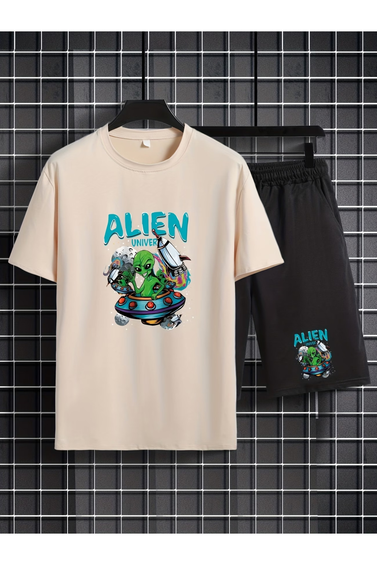 ALINE Baskılı Alt Üst Şort T-shirt Takım- Oversize Salaş Kesim Penye Düz Yazlık Şort