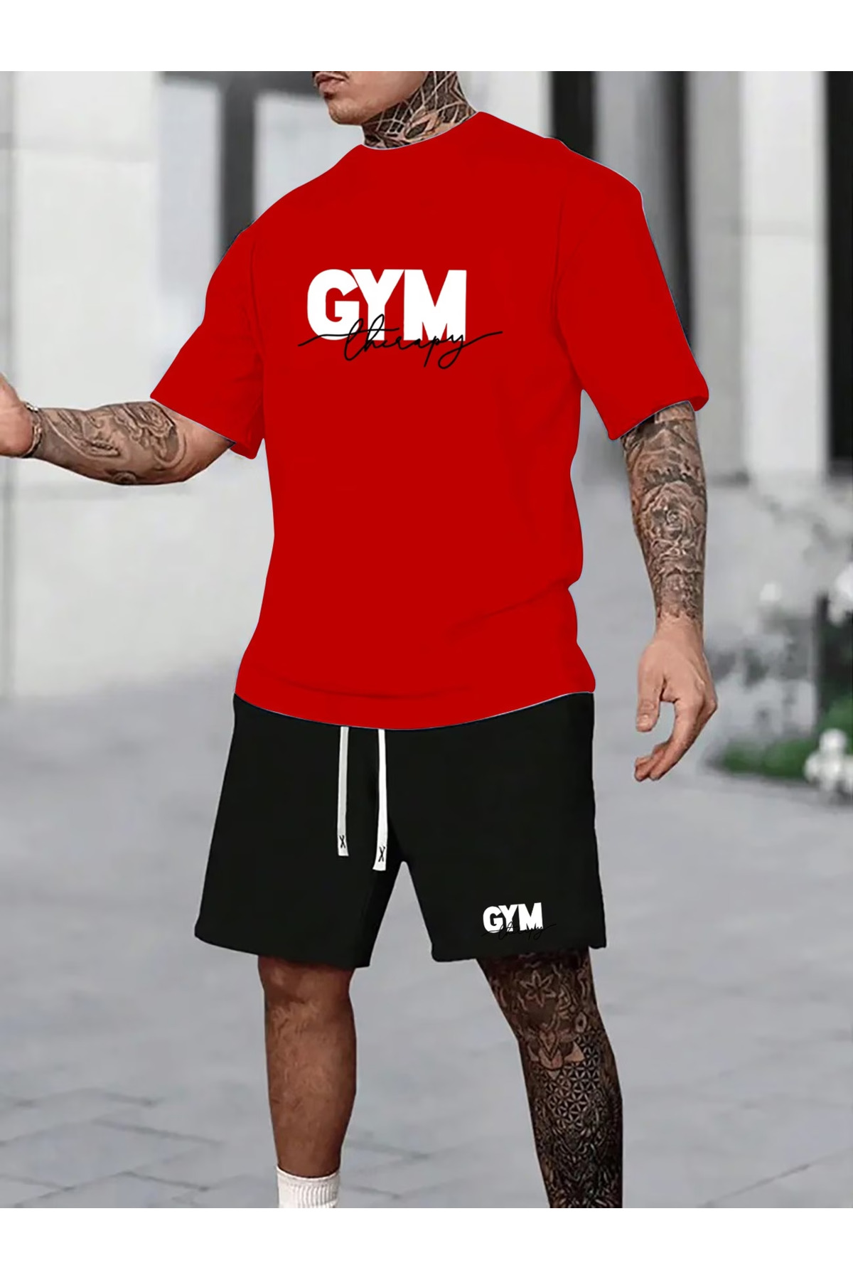 GYM Baskılı Alt Üst Şort T-shirt Takım- Oversize Salaş Kesim Penye Düz Yazlık Şort