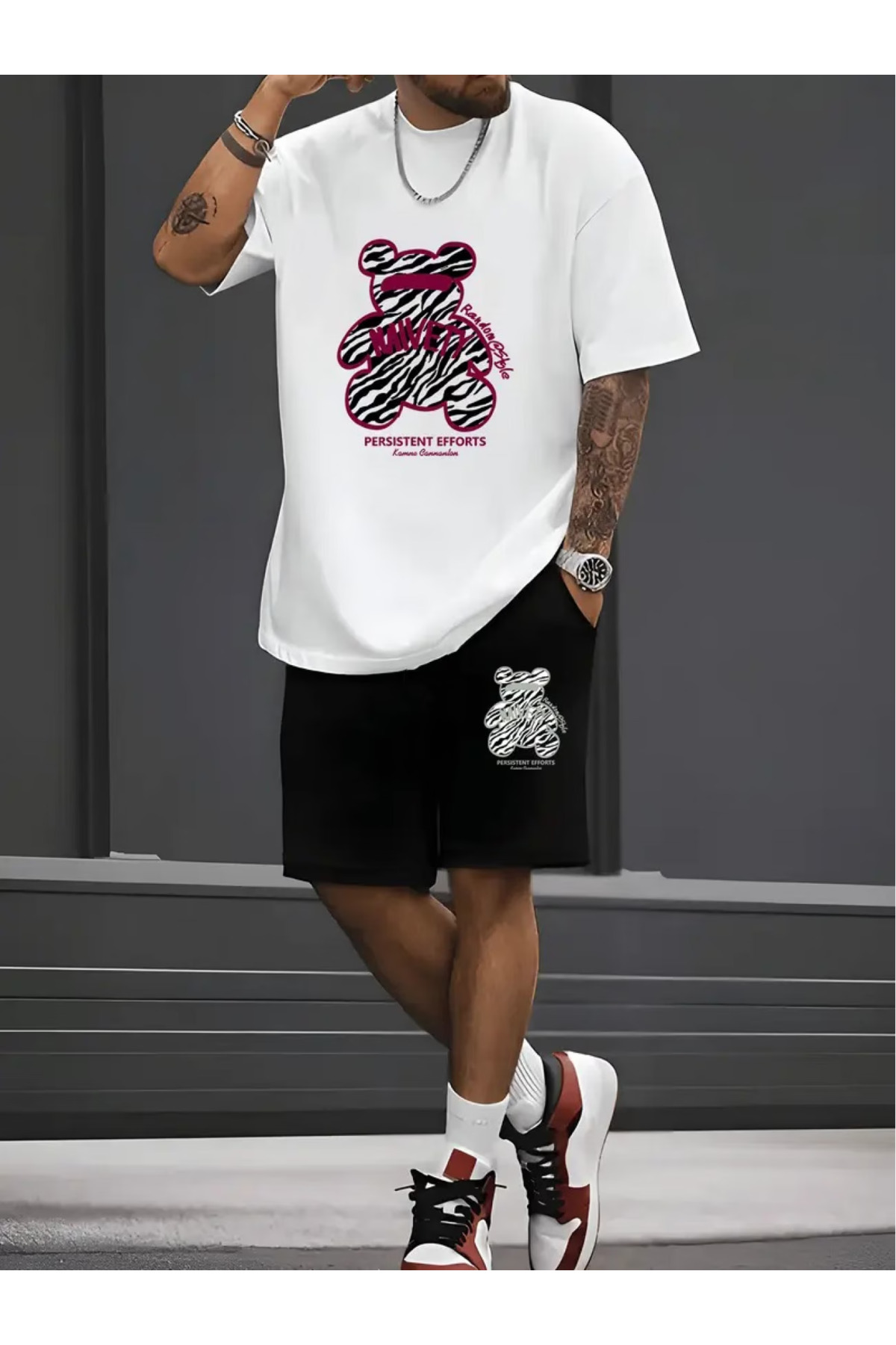 TEDDY Baskılı Alt Üst Şort T-shirt Takım- Oversize Salaş Kesim Penye Düz Yazlık Şort