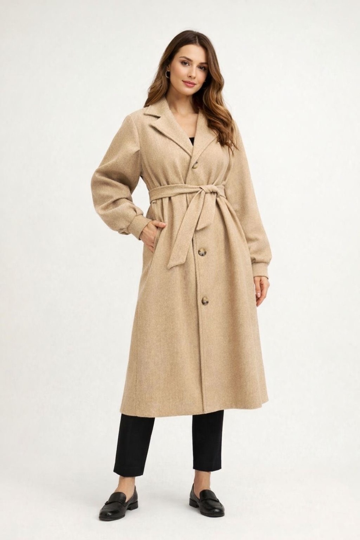 Kadın Balon Kol Kaşe Kaban