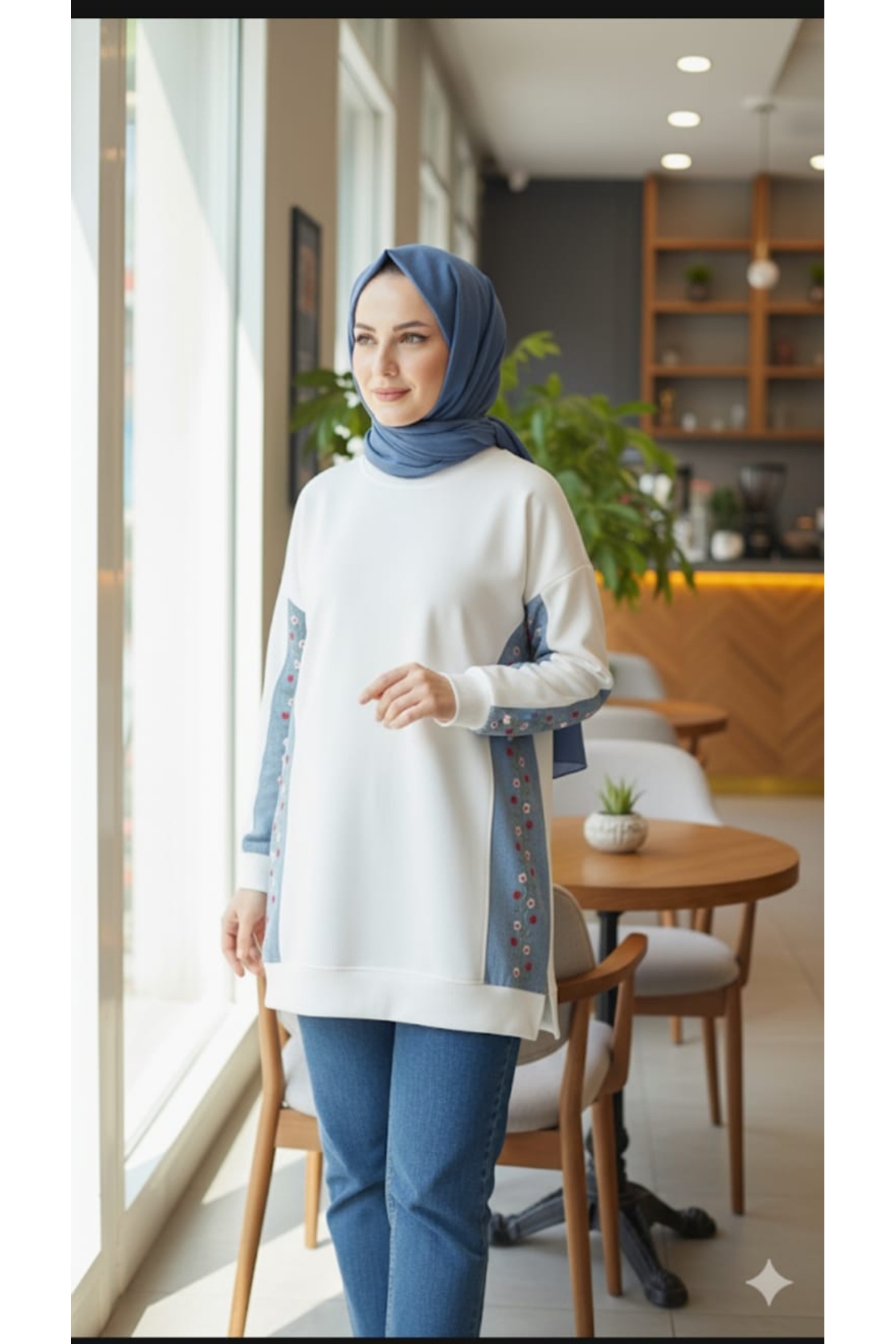 nakış işlemeli kot detaylı kadın tesettür tunik