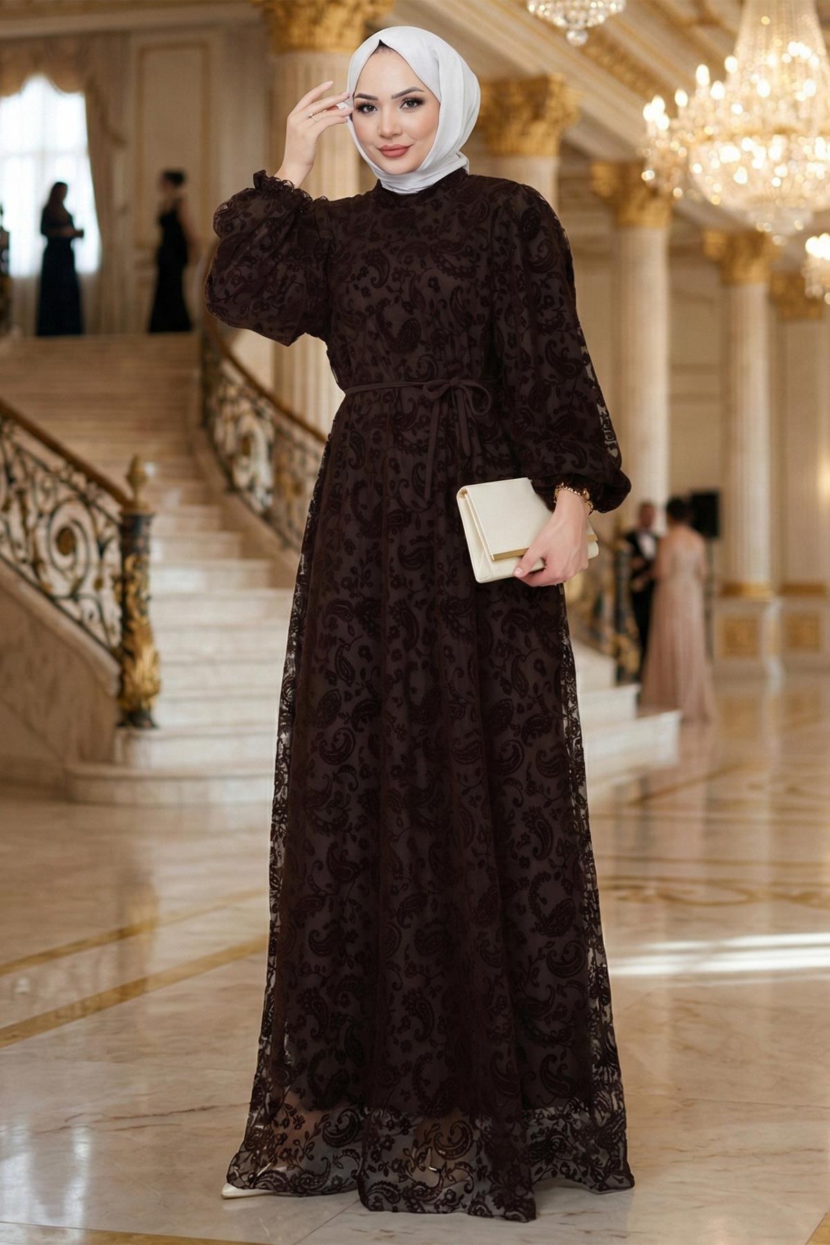 Flok Baskılı Astarlı Tül Elbise Kahverengi HM2892