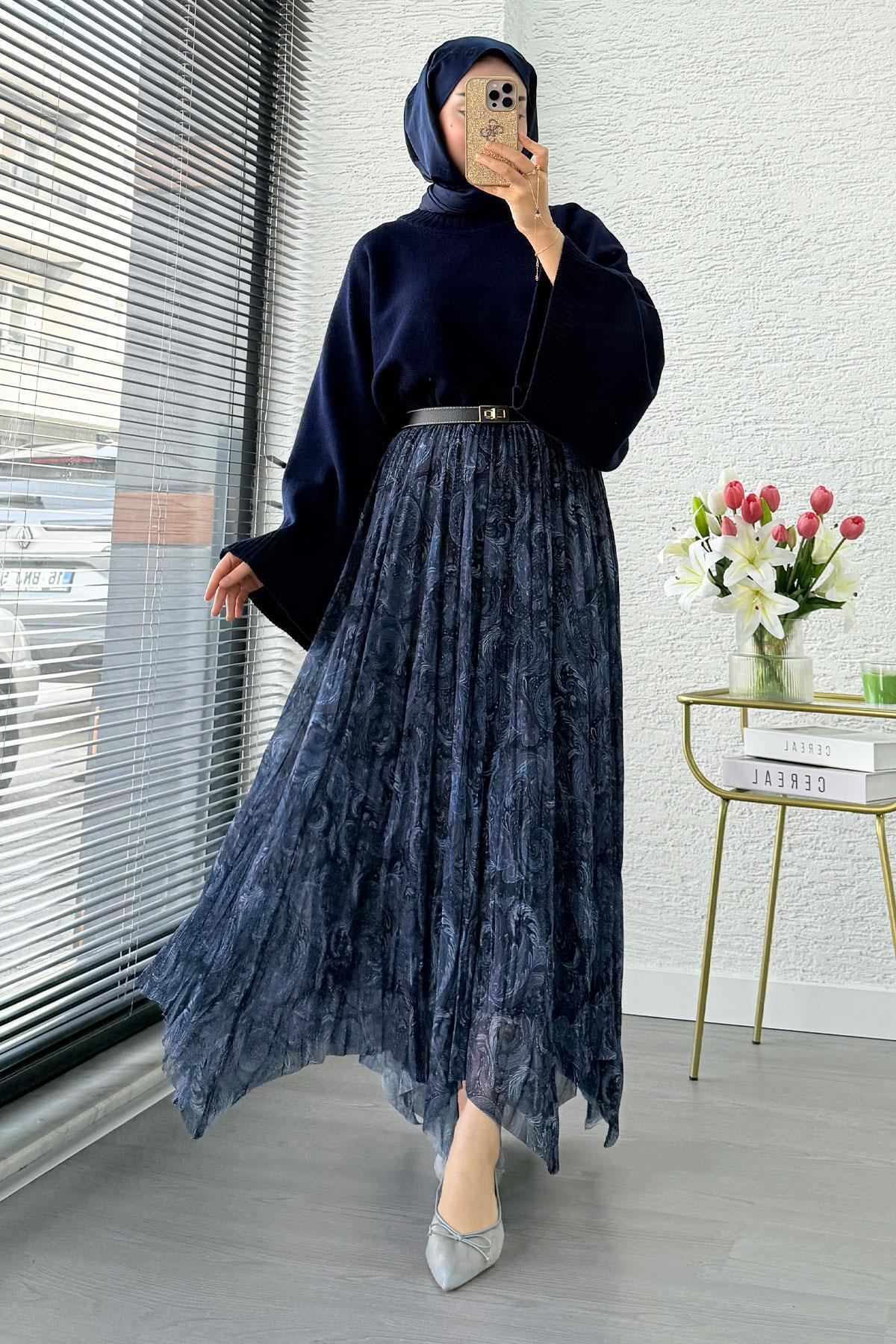 Asimetrik Kesim Astarlı Tül Midi Boy Etek - İndigo