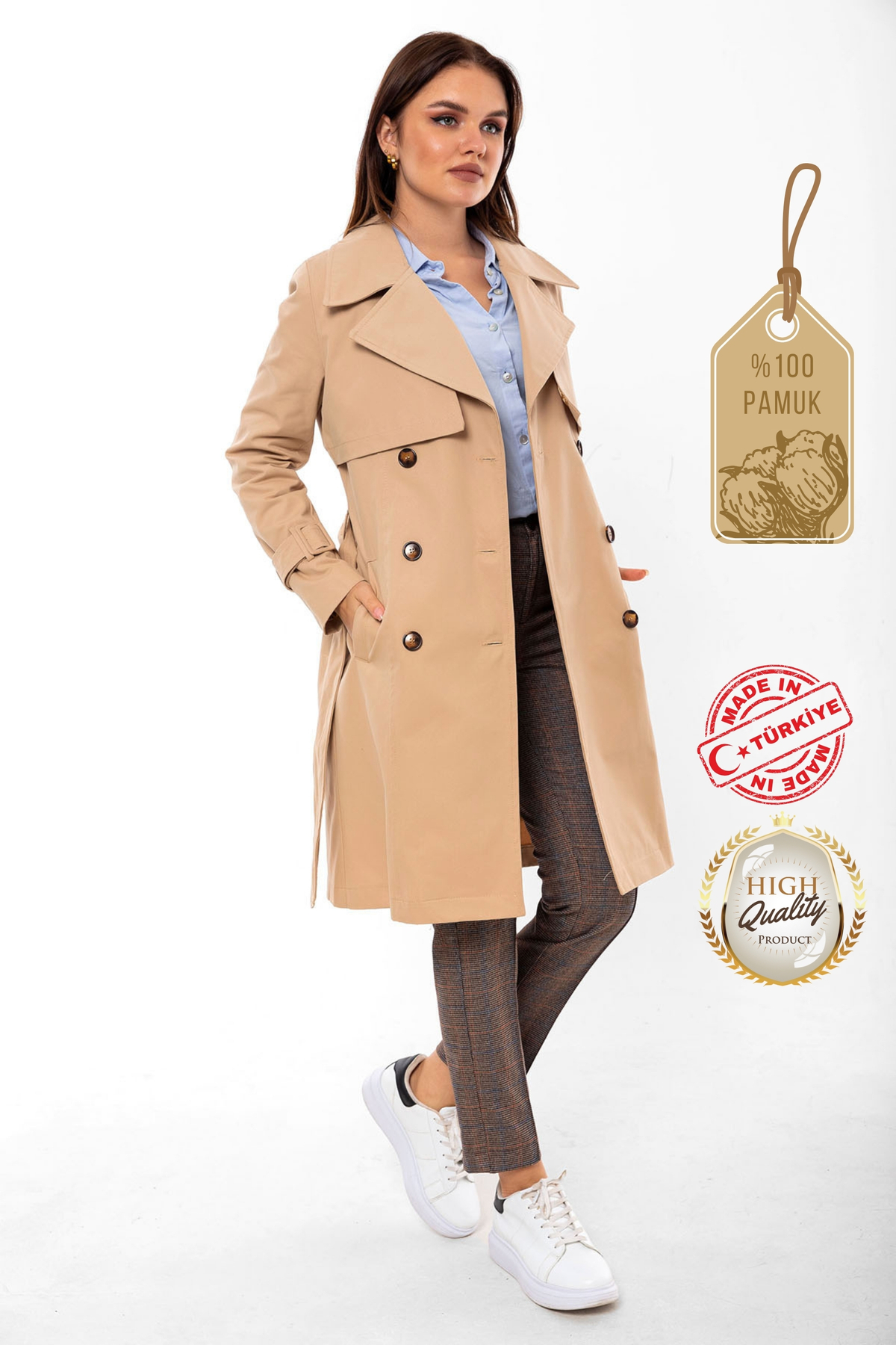 Açık Bej %100 Pamuk Gabardin Midi (95CM) Astarlı Kemerli Kadın Trençkot 1113
