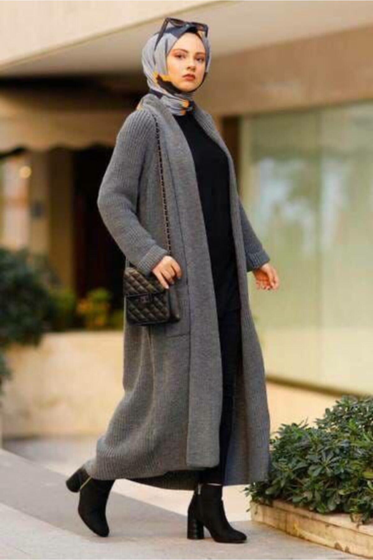 Kadın Kışlık Salaş Cepli Gri Uzun Hırka