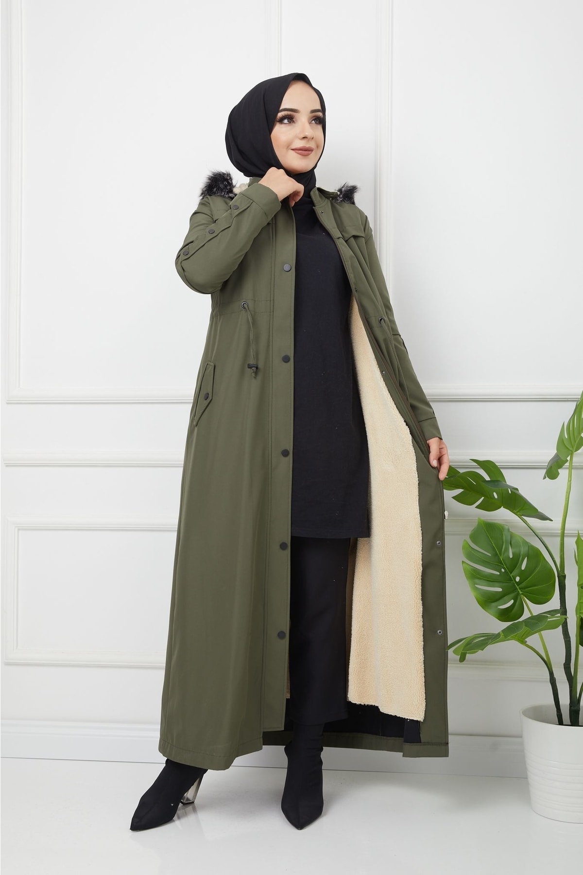 Water Prof Haki Içi Kürklü Kışlık Tam Boy Kadın Uzun Pardesü Mont Kaban