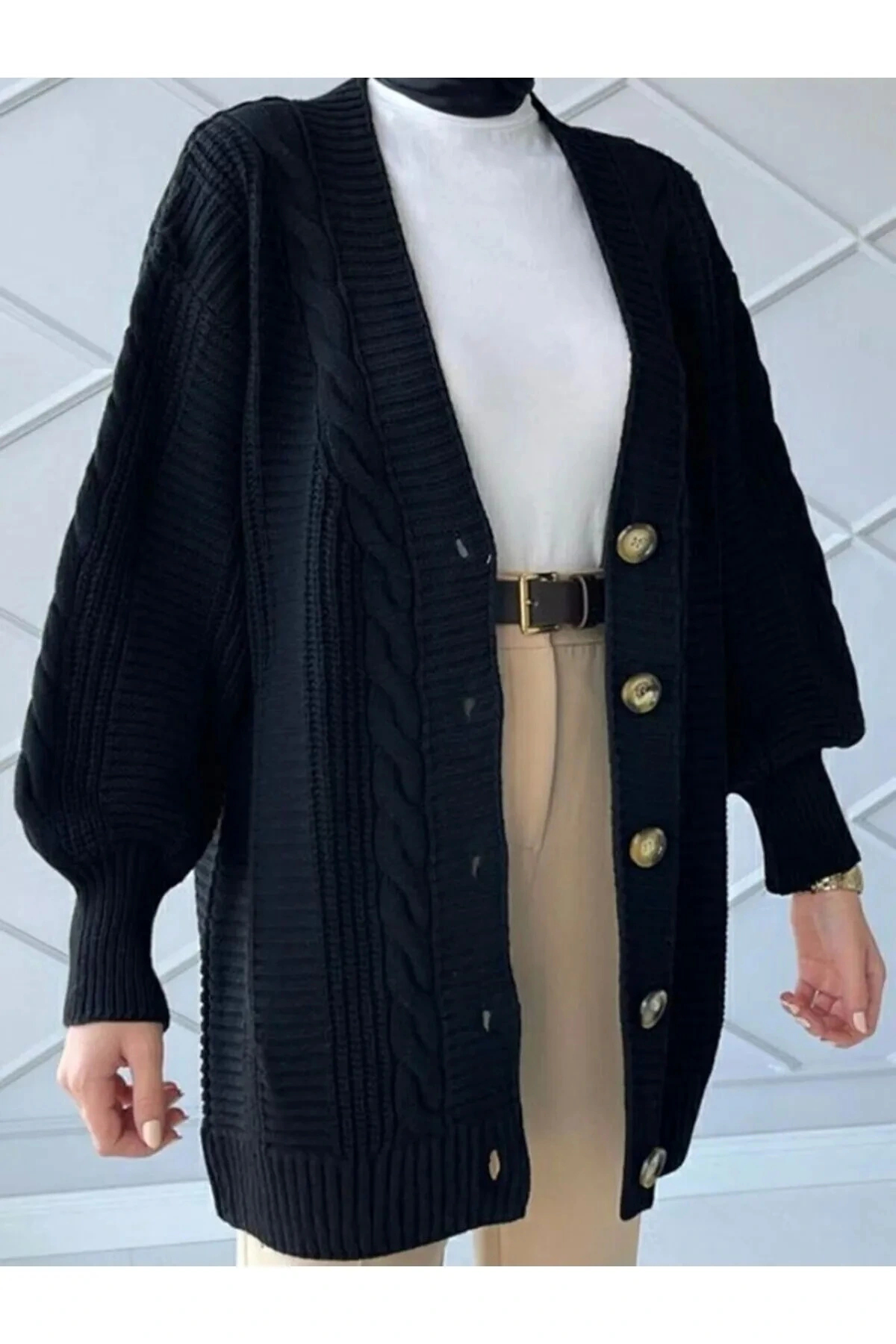 Saç Örgü Desen Triko Hırka Siyah