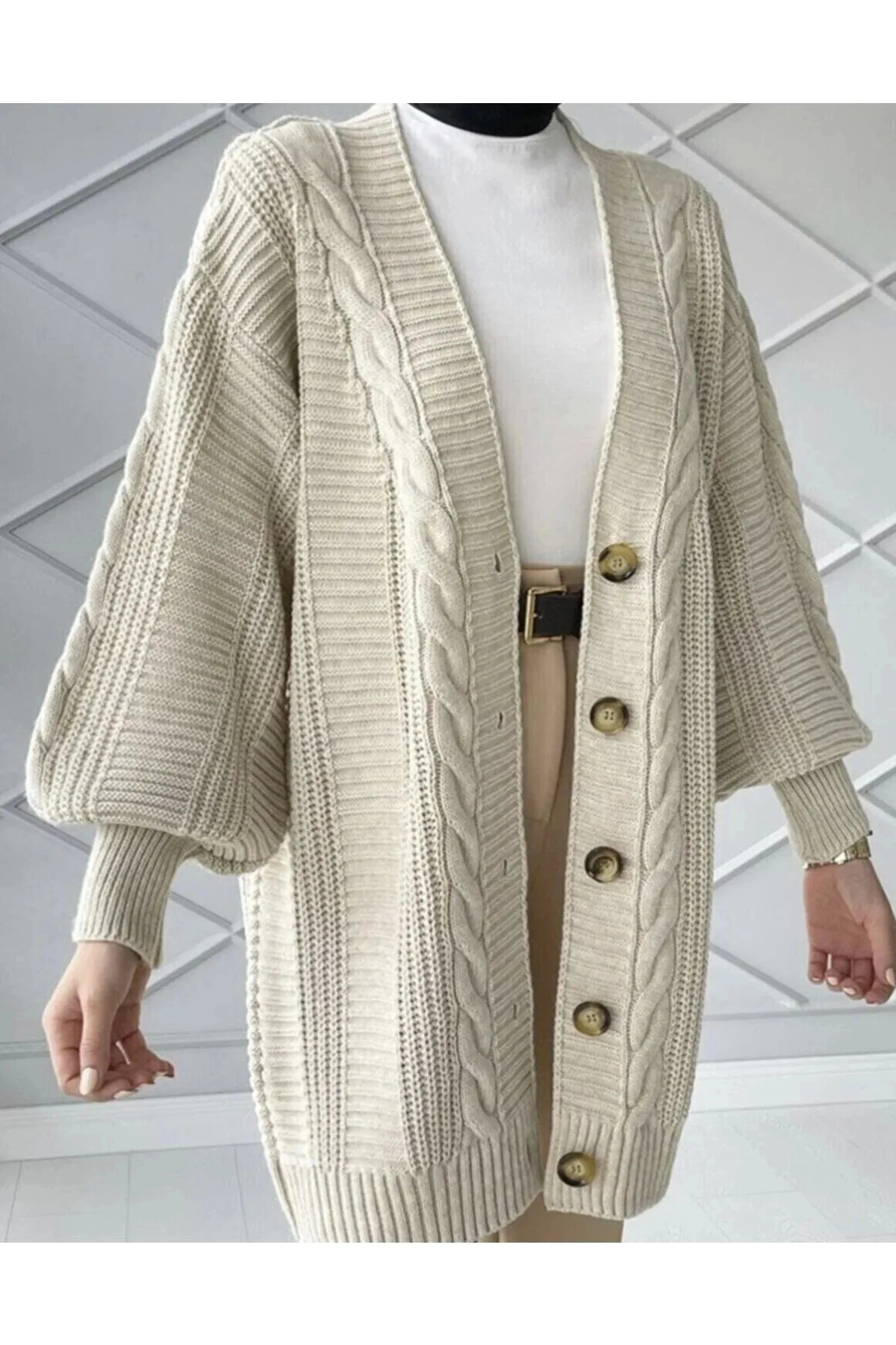 Örgü Desen Triko Hırka Taş Renk