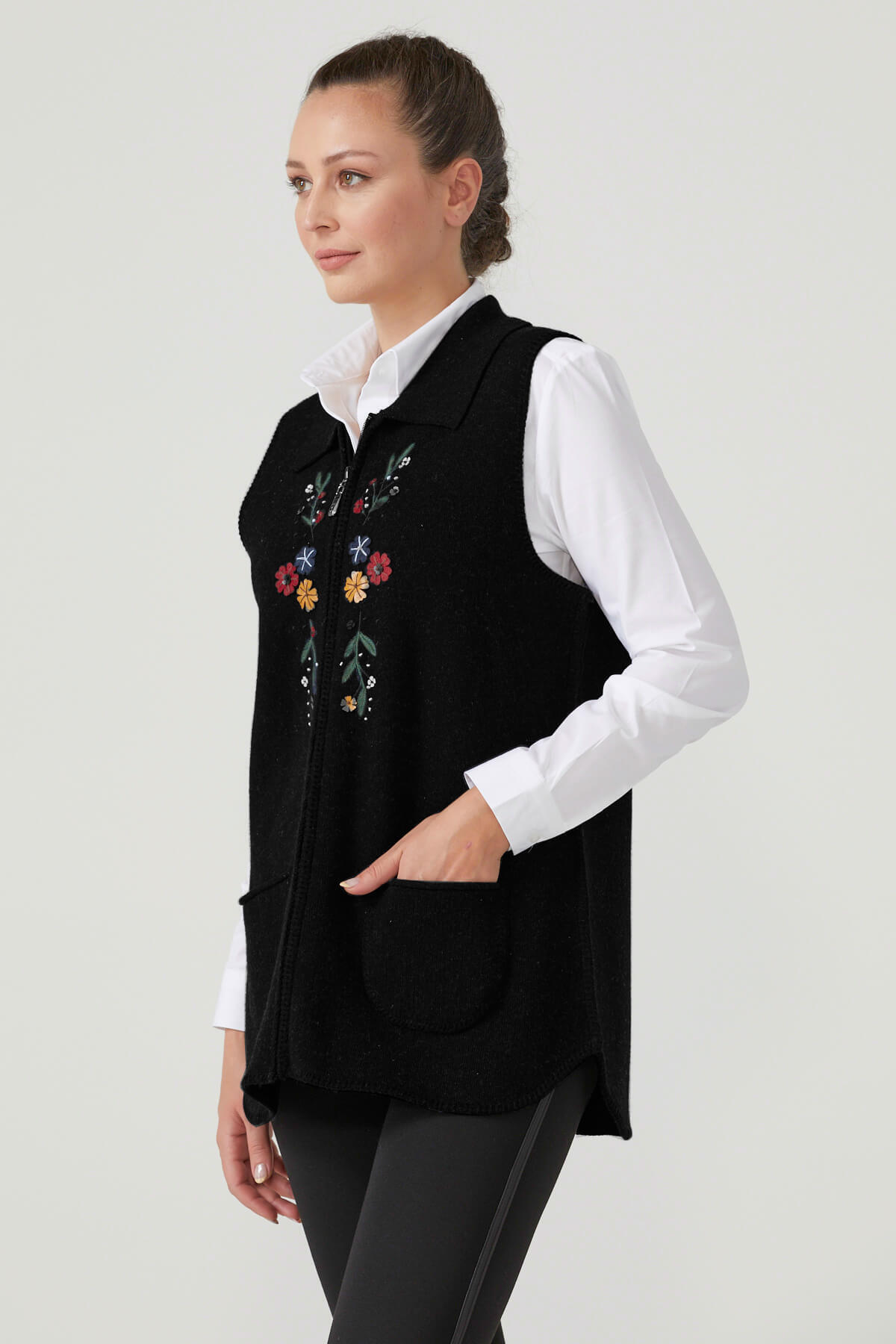 Kadın Fermuarlı Triko Yelek - Siyah