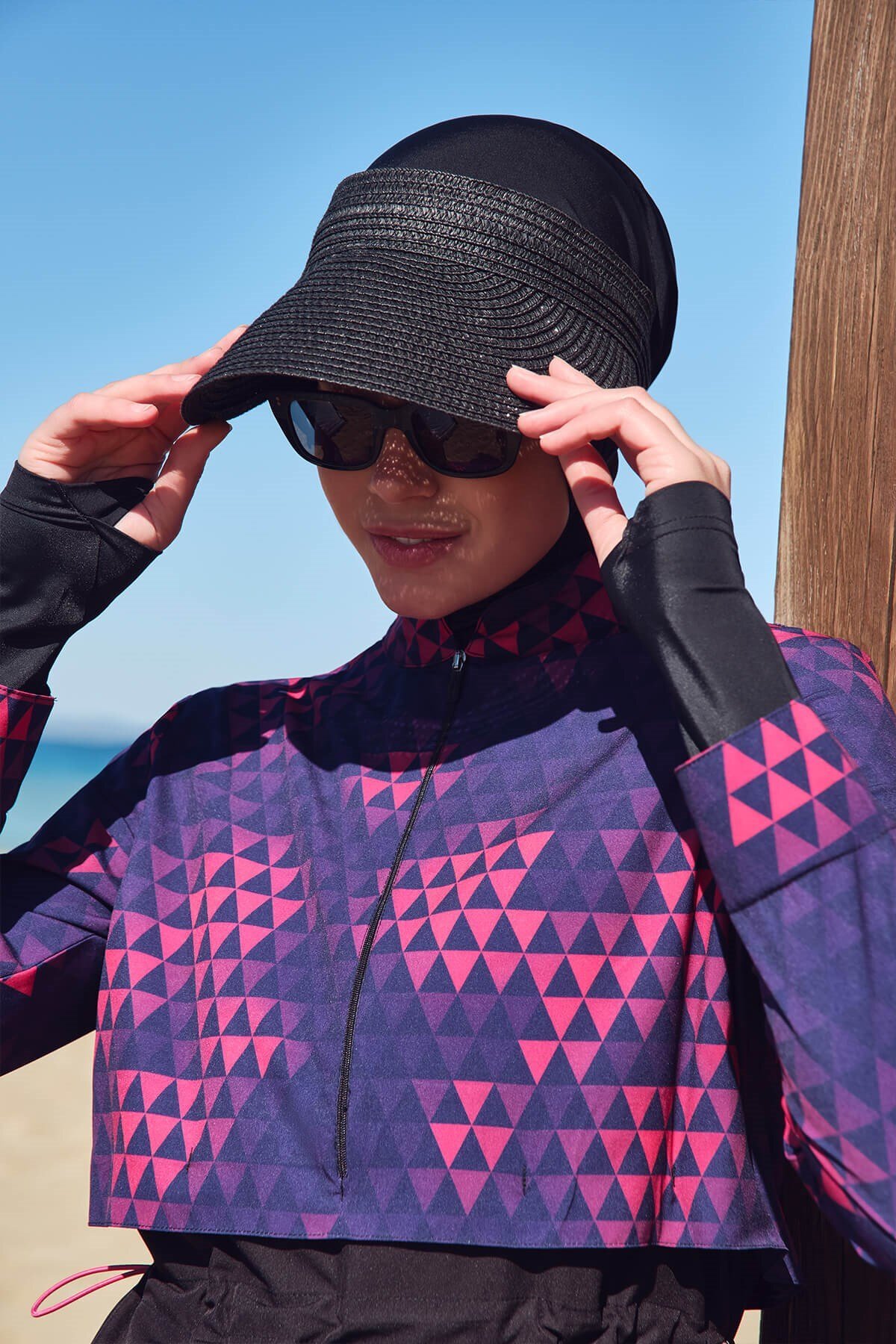 Esila Siyah Fuşya Jileli 5 Parça Tam Tesettür Mayo Takımı 2934