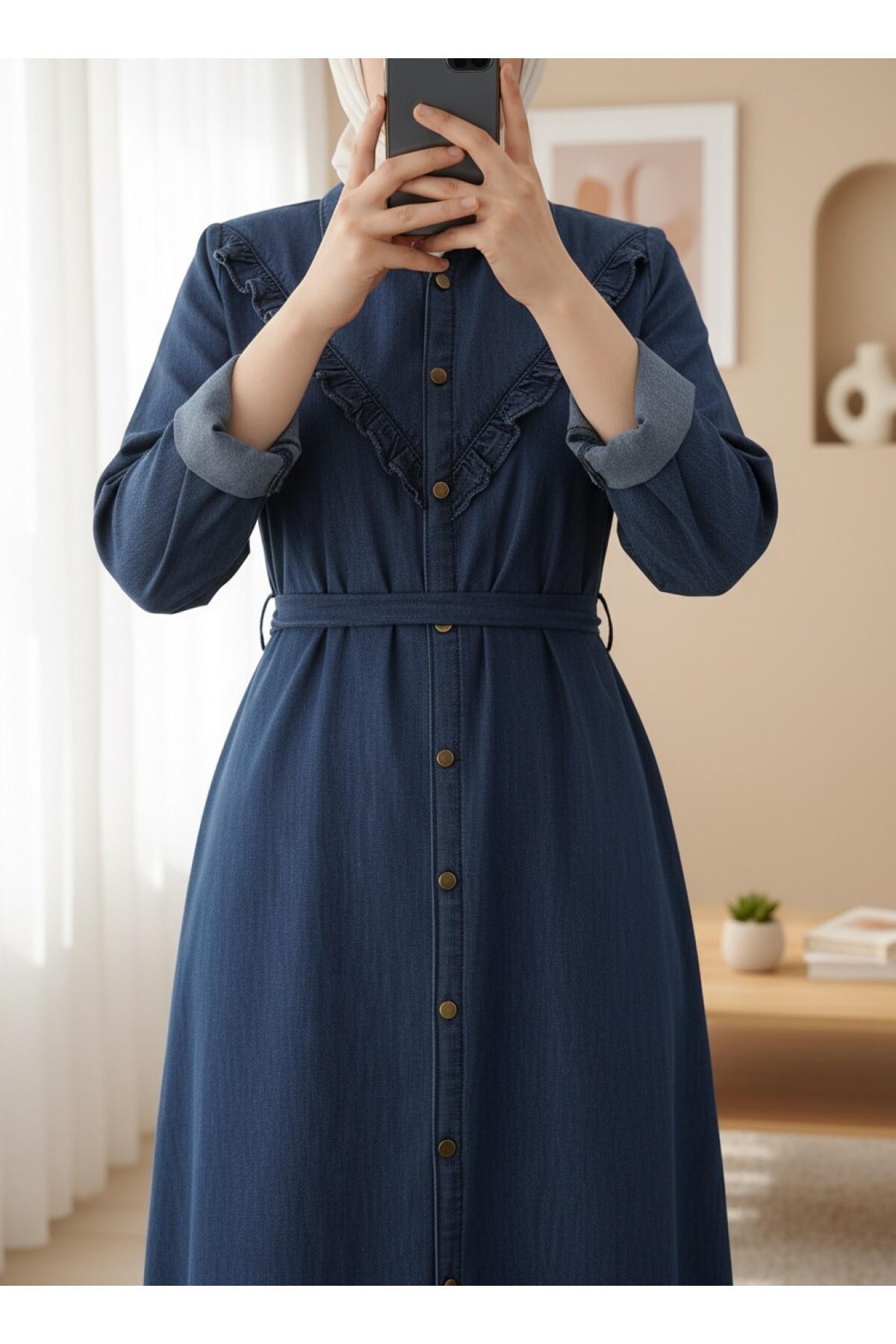 Boydan Düğmeli Beli Bağlamalı Kot Elbise -İndigo